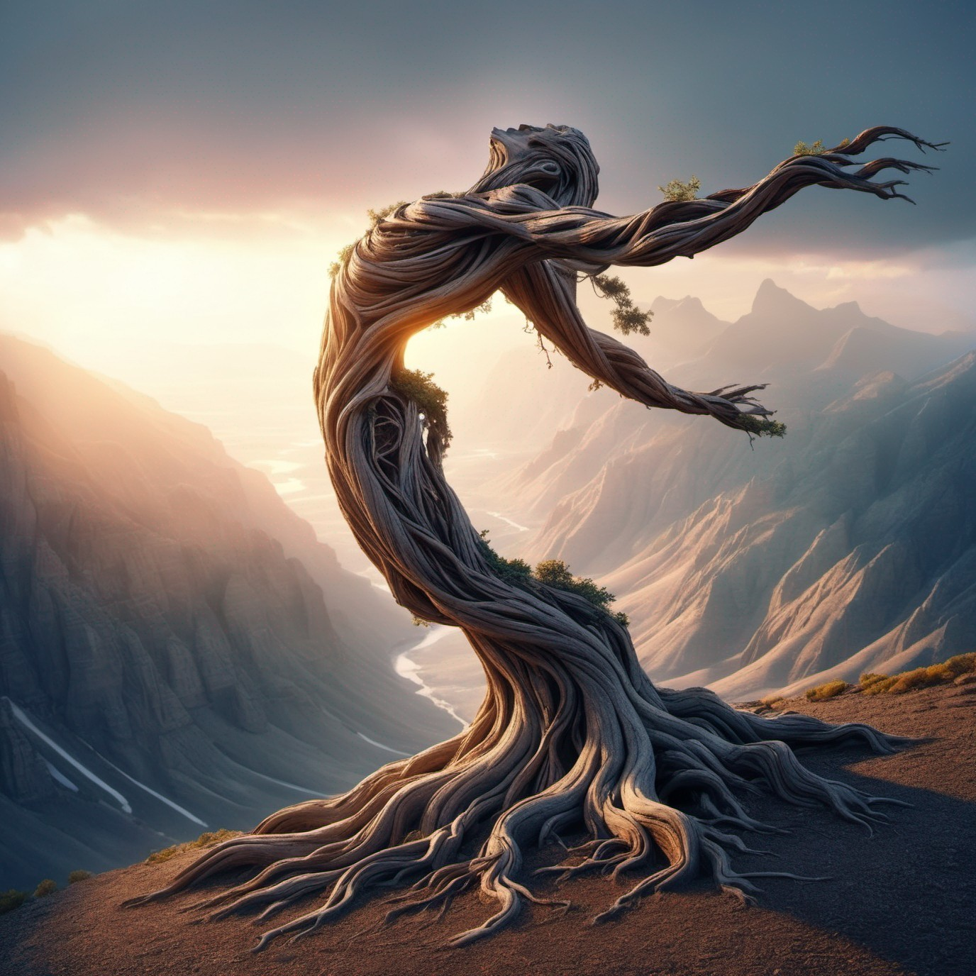 Surreal Anthropomorphic Tree Overlooking Mountains at Sunset