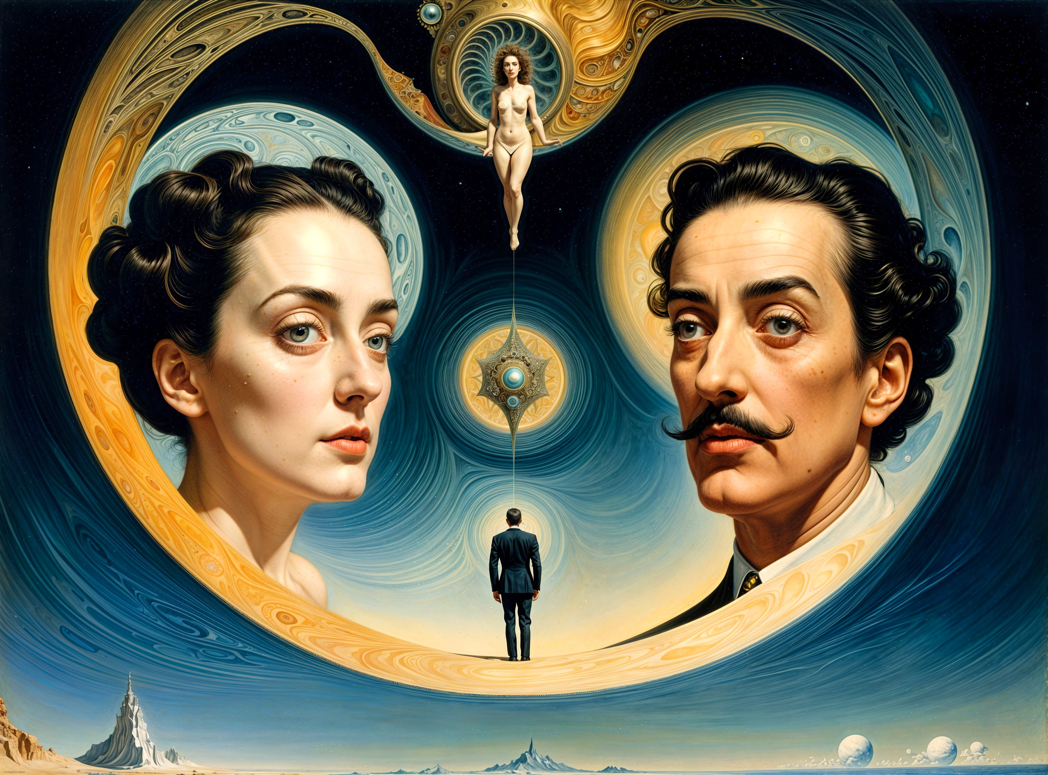 Surreal Cosmic Landscape with Distinct Faces and Figures