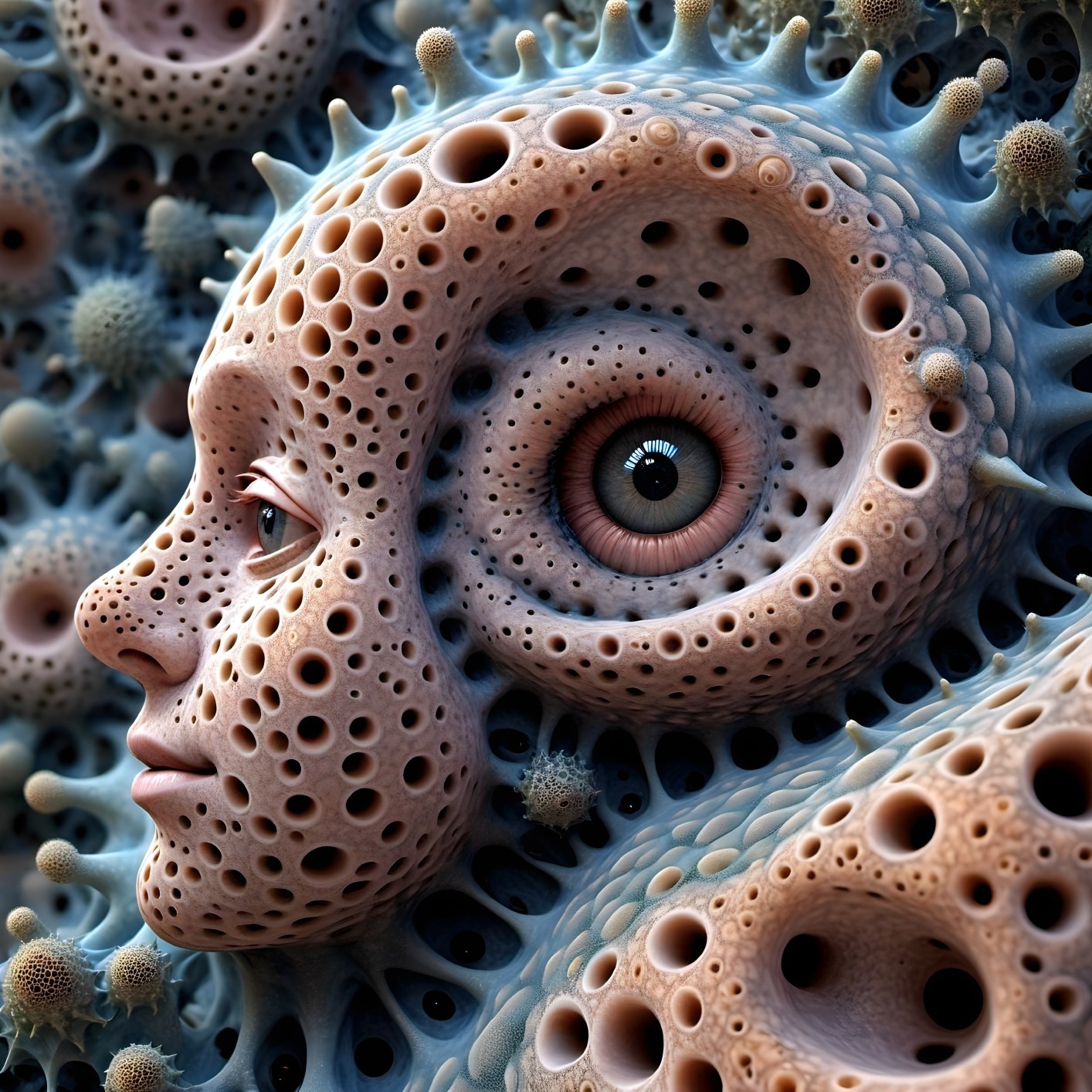 Surreal artwork: Oversized eye in organic coral-like shapes