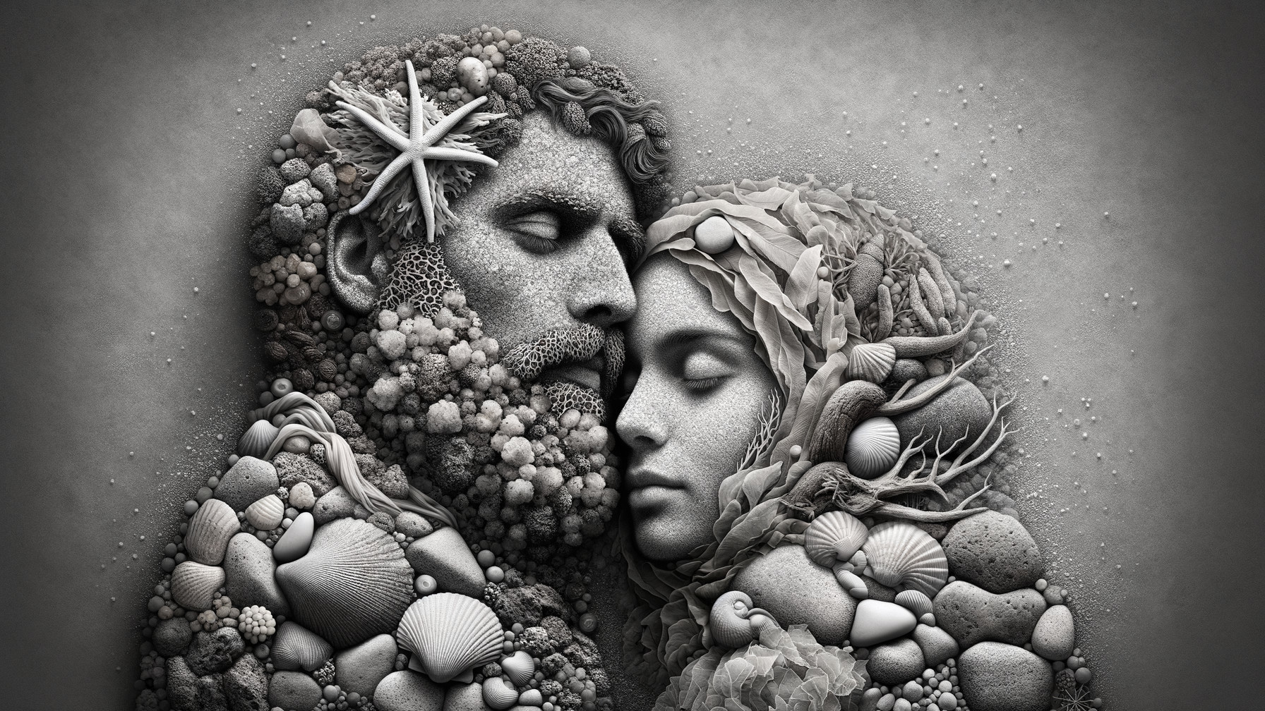 Textured Sculpture of Couple in Embrace with Natural Elements