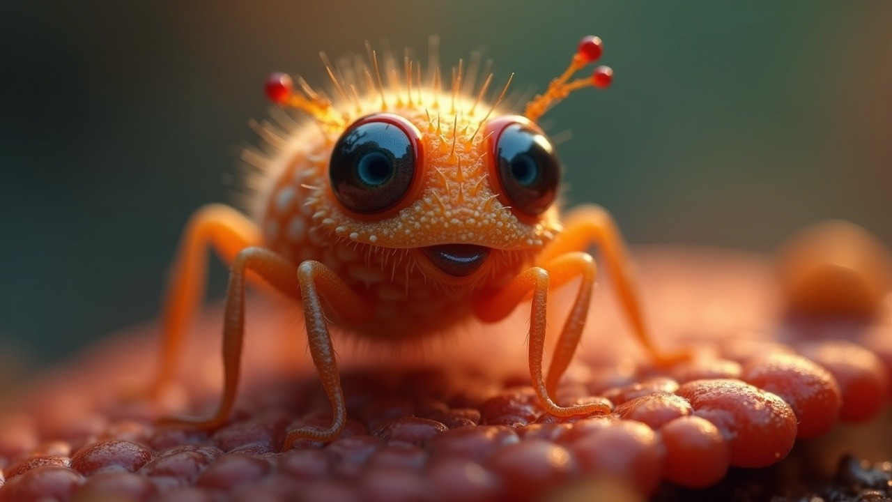 Cartoonish Insect with Glossy Blue Eyes and Orange Body