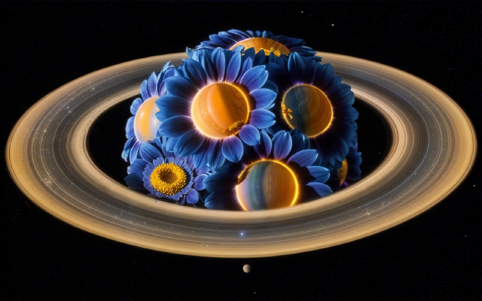 Surreal Cosmic Scene with Vibrant Blue Flowers