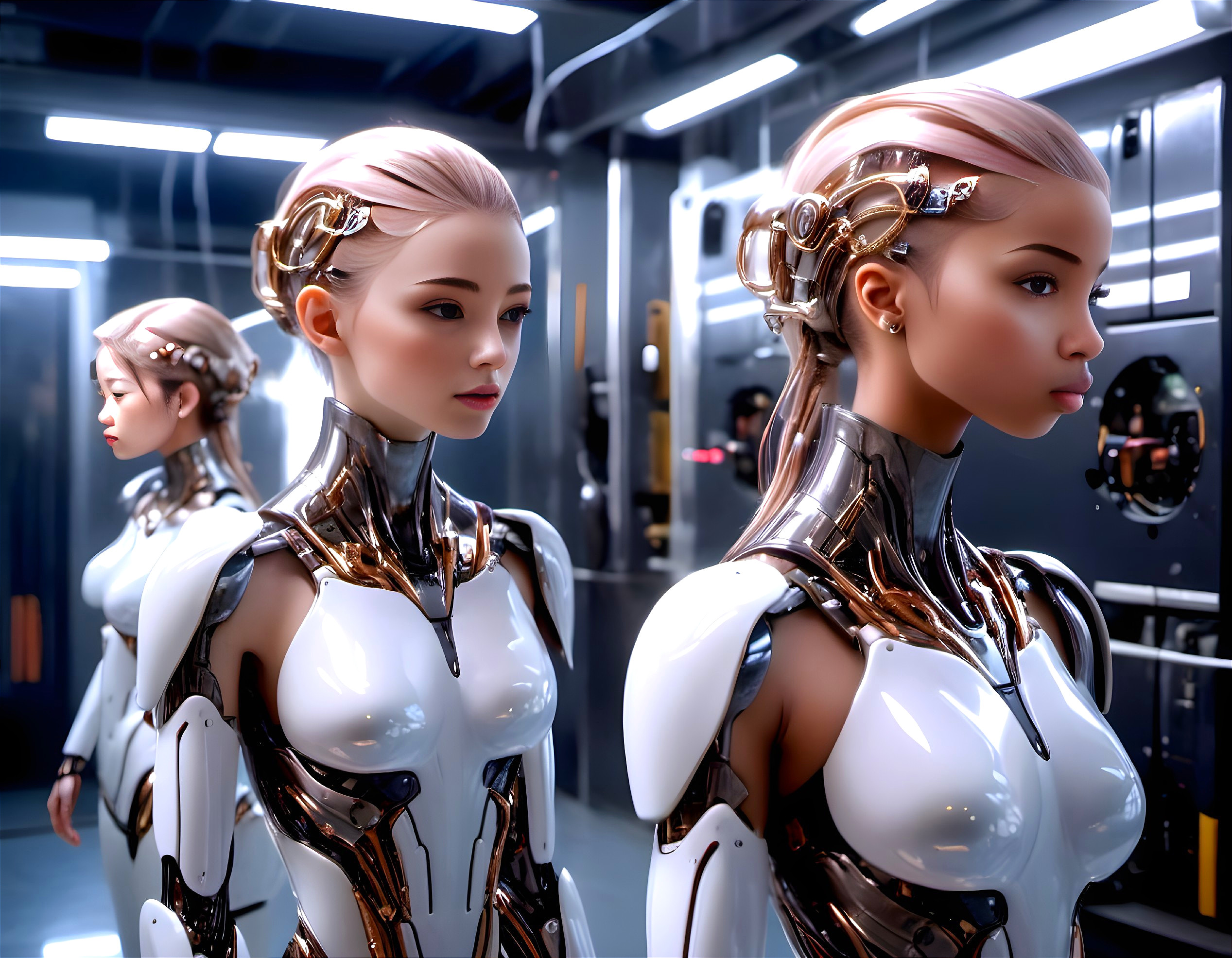 Futuristic Humanoid Robots in Dimly Lit Industrial Room