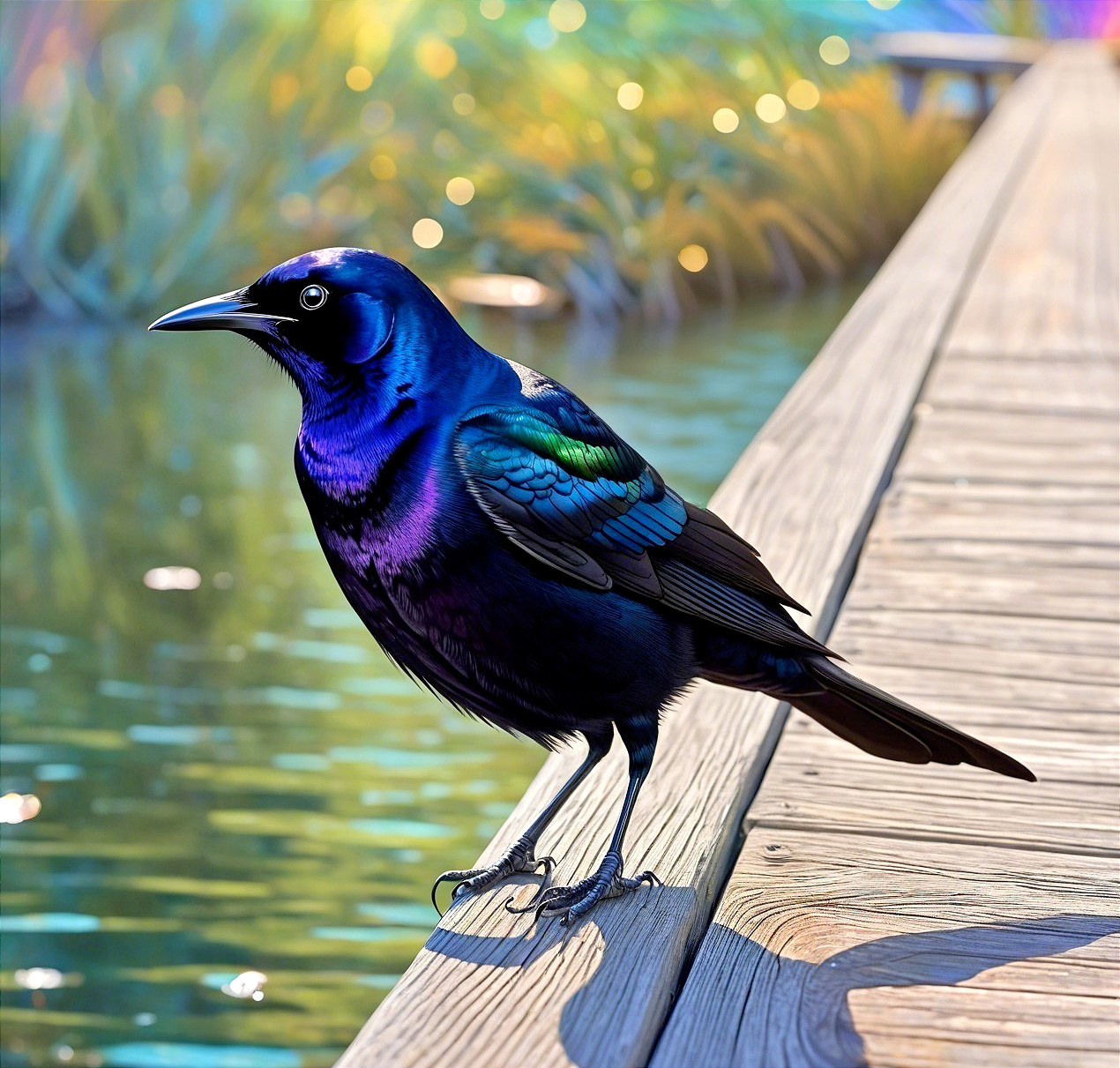 Iridescent Bird on Dock with Colorful Bokeh Background