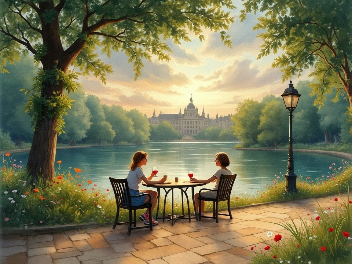 Friends at a Lake Table During Sunset in a Park