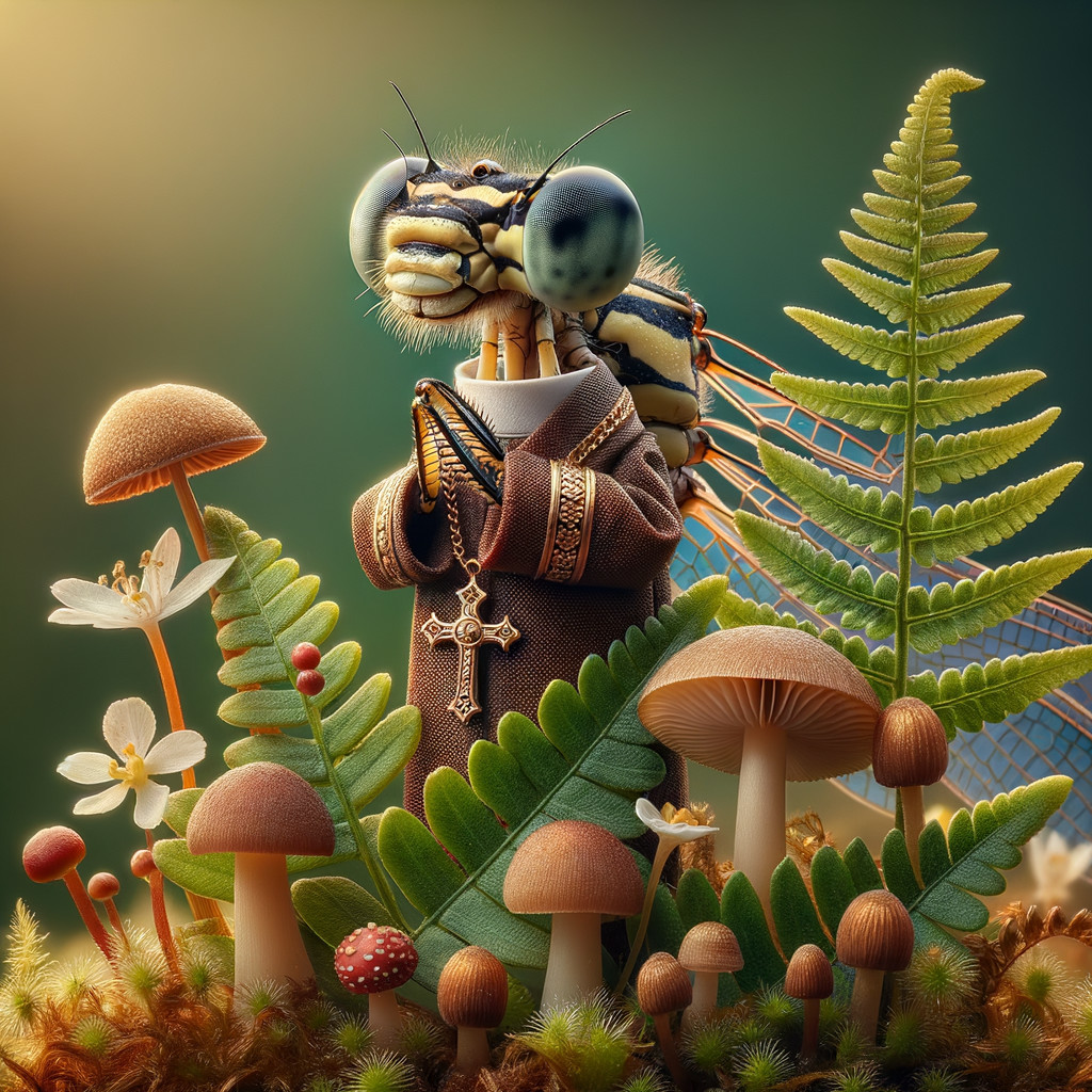 Dragonfly in Monk's Robe Amidst Ferns and Mushrooms