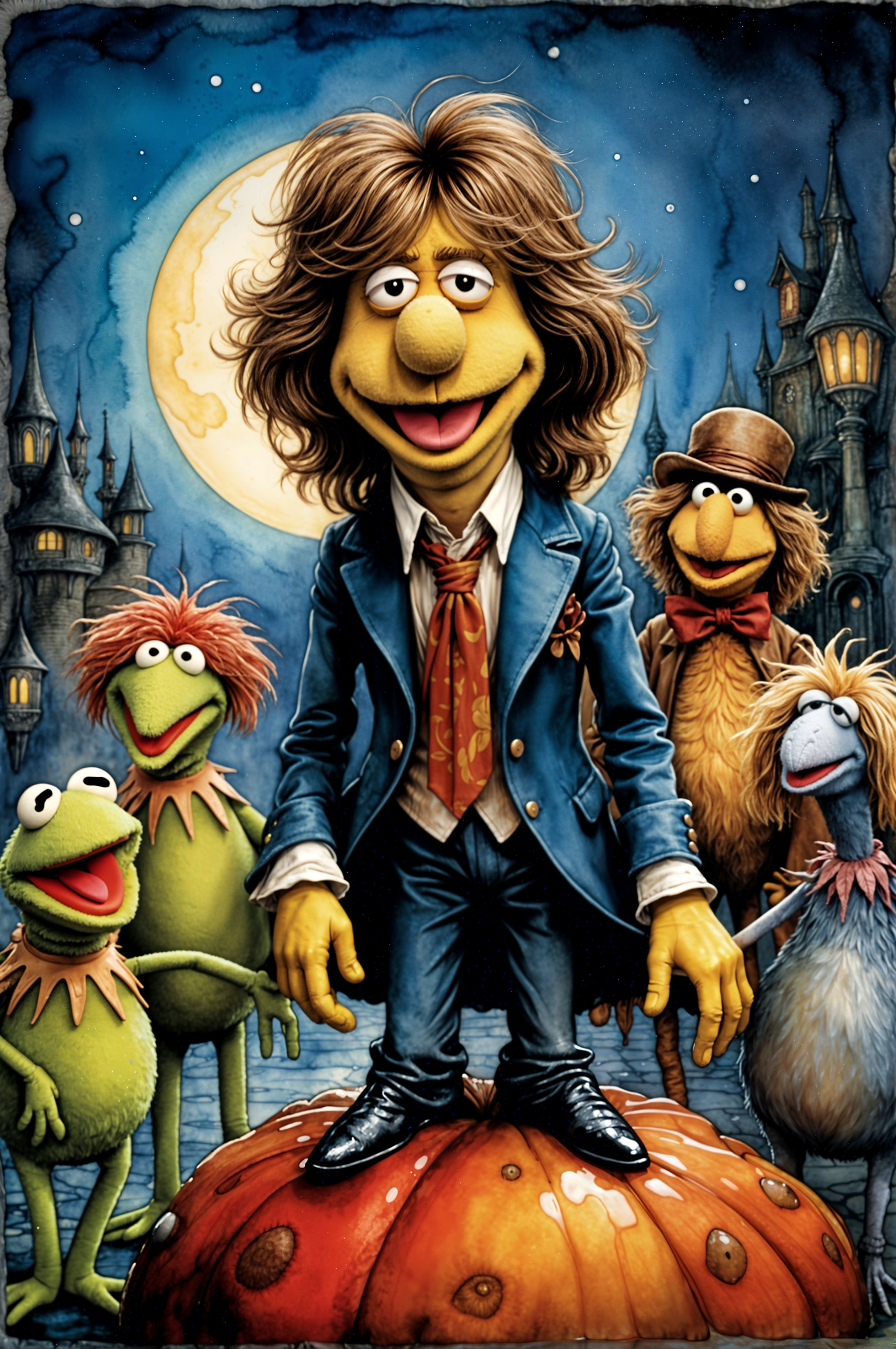 Whimsical Scene with Characters and Gothic Architecture