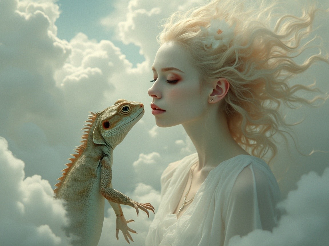Dreamlike Scene of Woman and Colorful Lizard