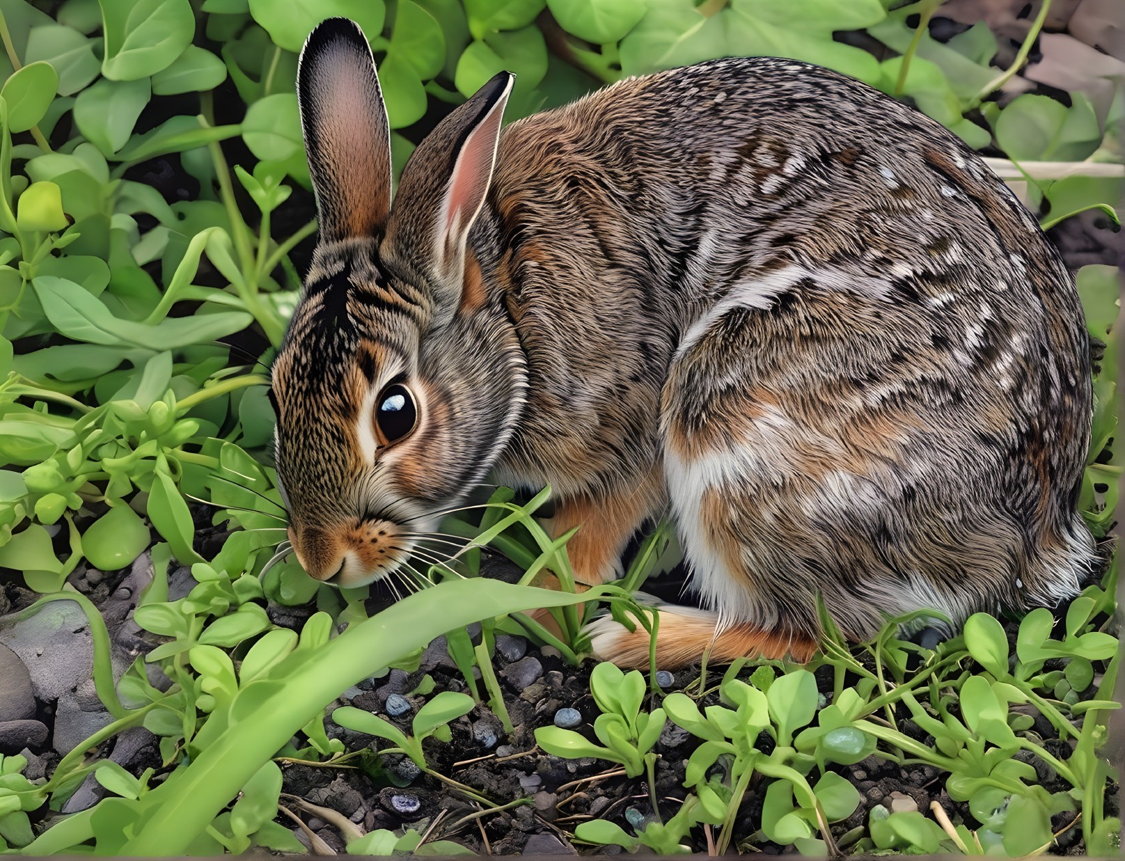 Small rabbit in lush green ground cover scene