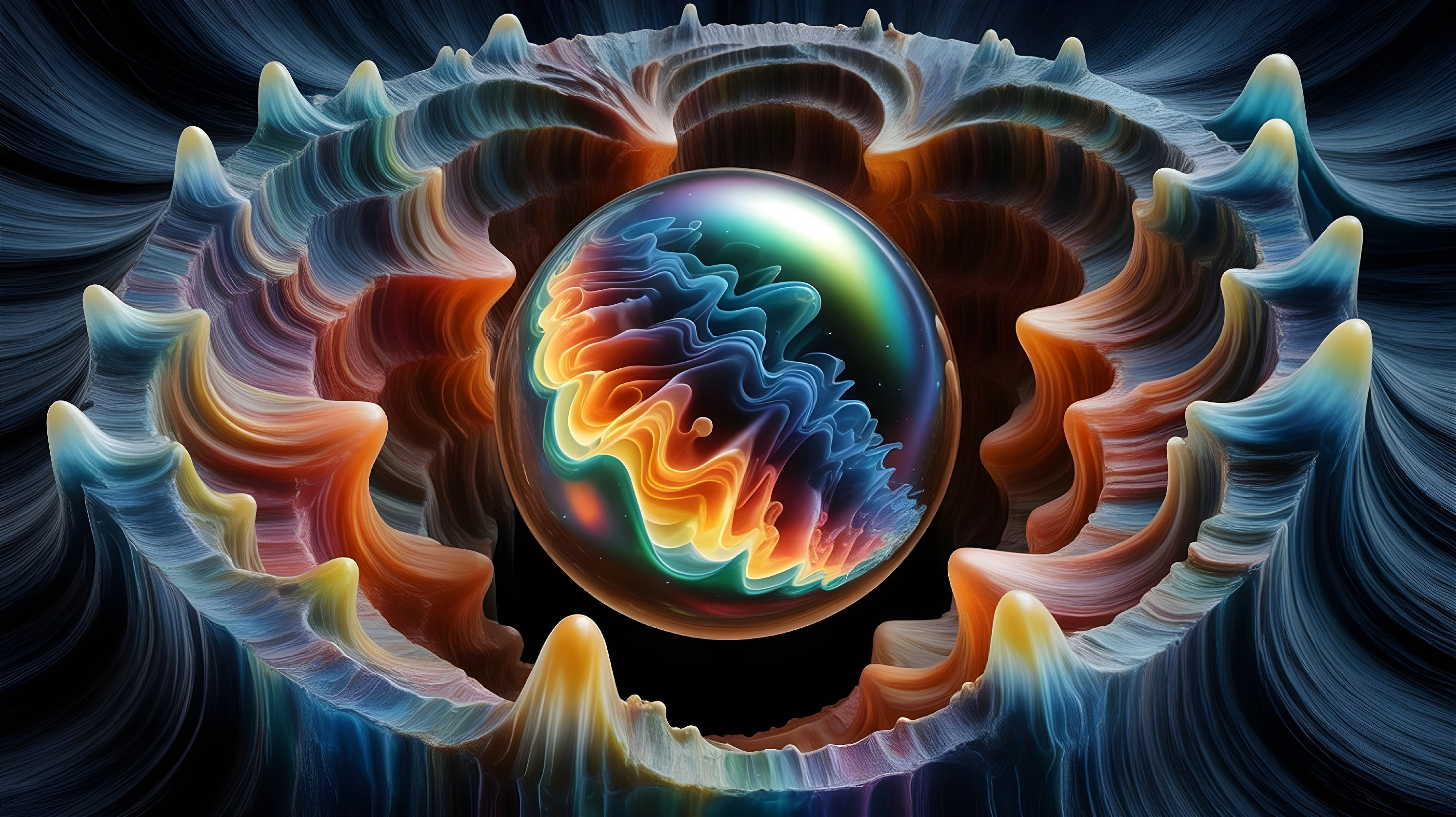 Multicolored Orb Surrounded by Flowing Wave Patterns