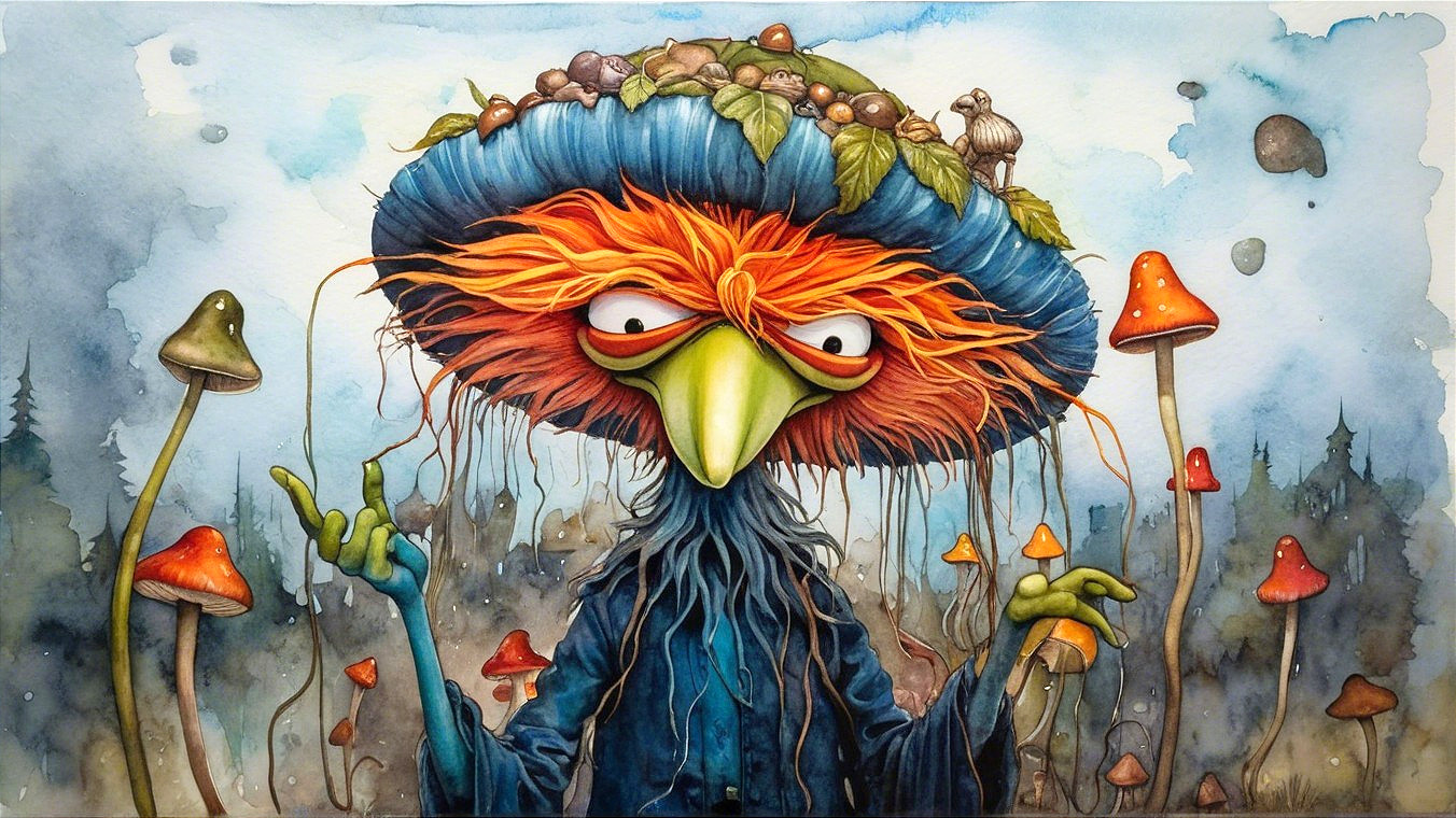 Whimsical Character in Surreal Mushroom Forest