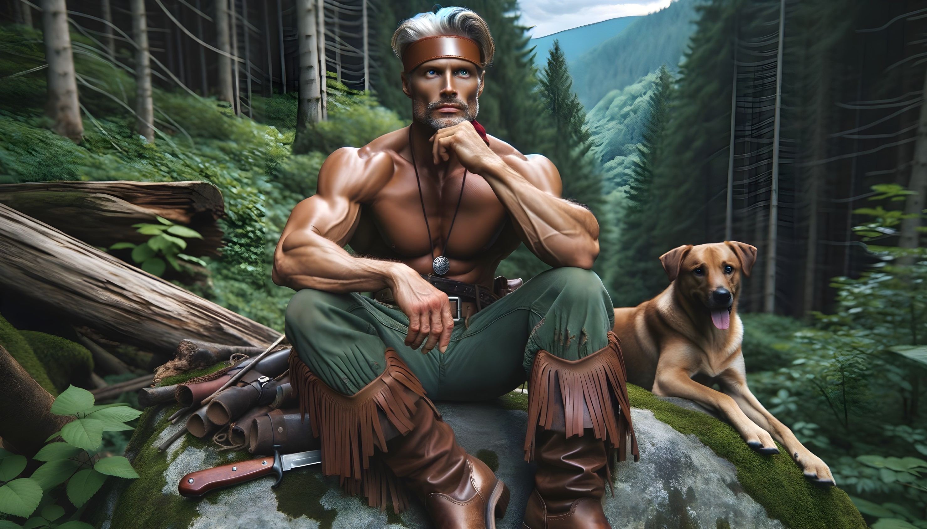 Muscular Man with Silver Hair in Lush Forest Setting