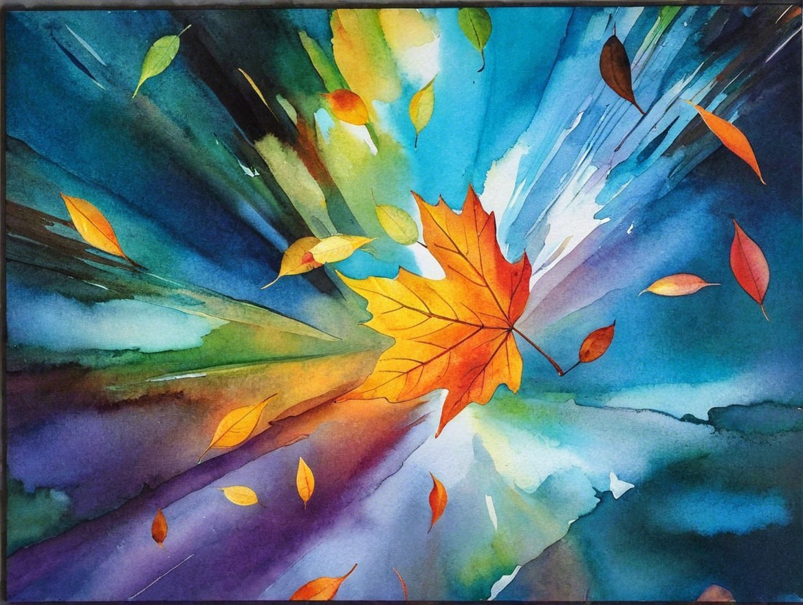 Vibrant Watercolor of Orange Leaf with Blue and Green