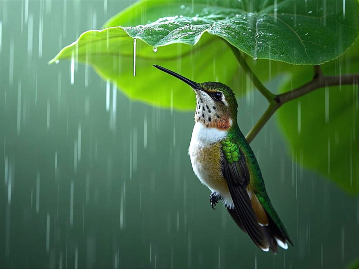 Hummingbird Under Leaf in Rainy Nature Scene