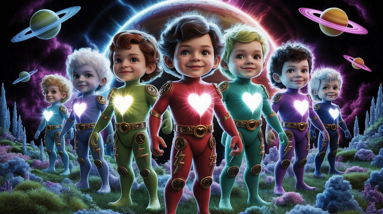 Children in Colorful Superhero Suits Against Cosmic Backdrop