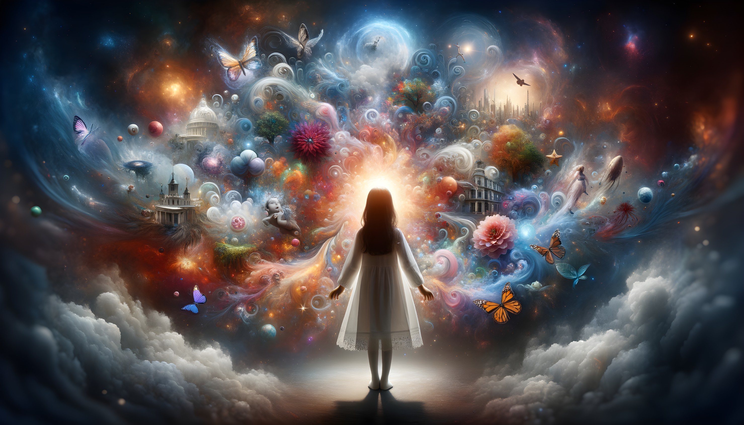 Vibrant cosmic scene with celestial patterns and whimsical creatures