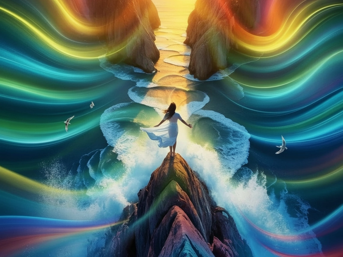 Serene figure in white dress at coastal sunset scene