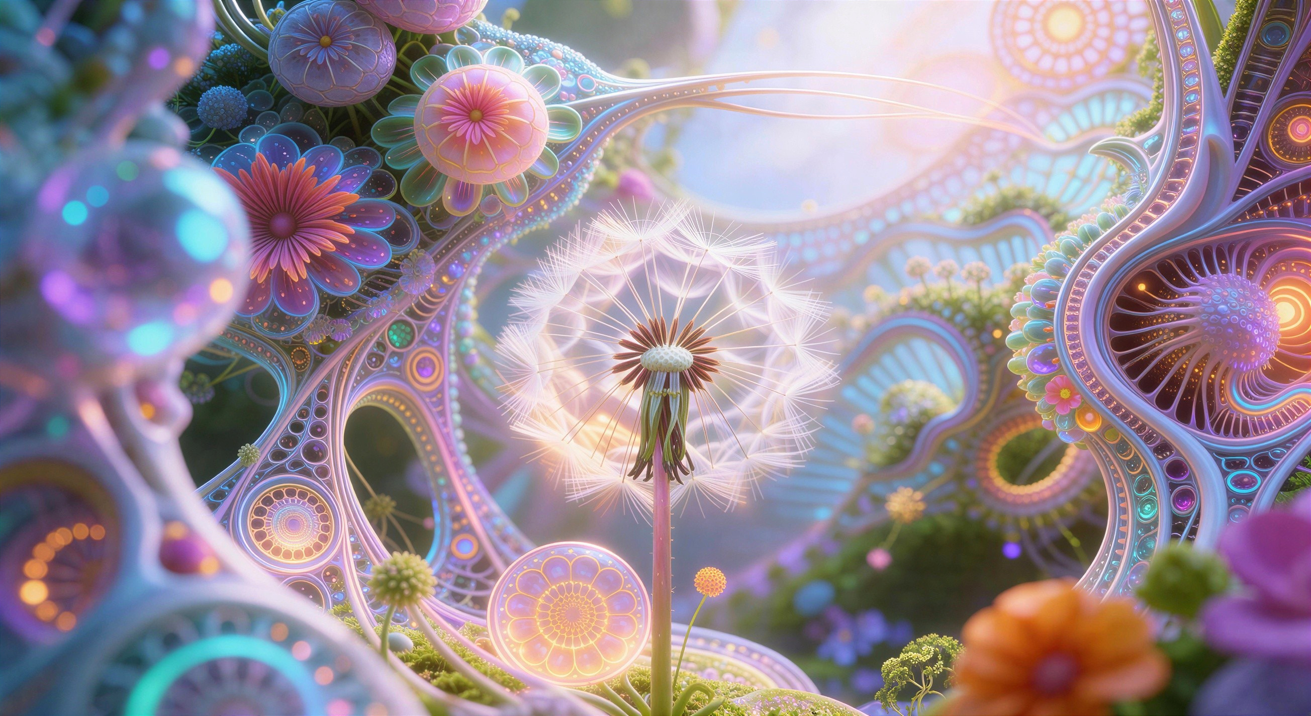 Dreamy Garden with Glowing Dandelion and Plants