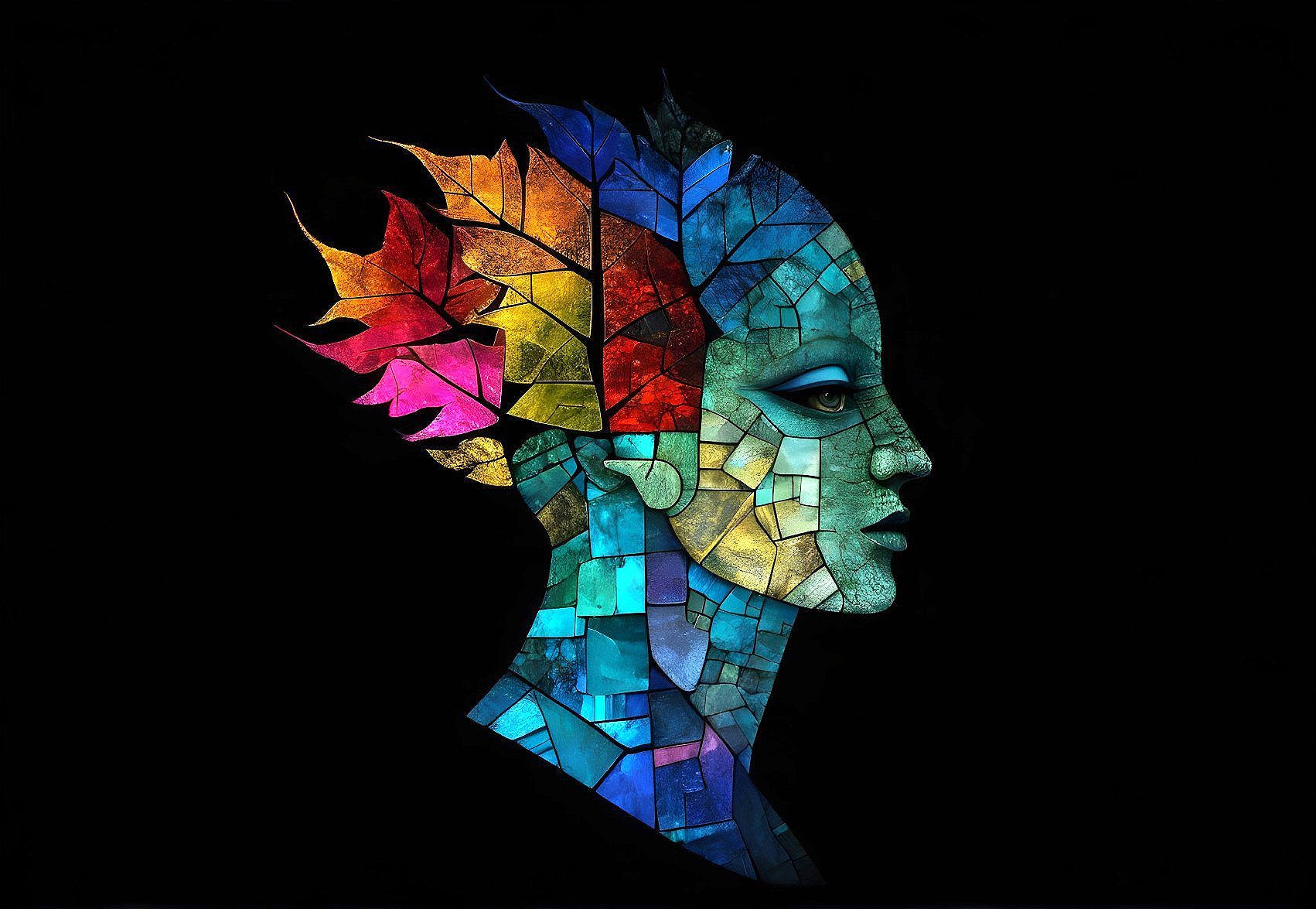 Mosaic Human Face with Colorful Autumn Hair Design