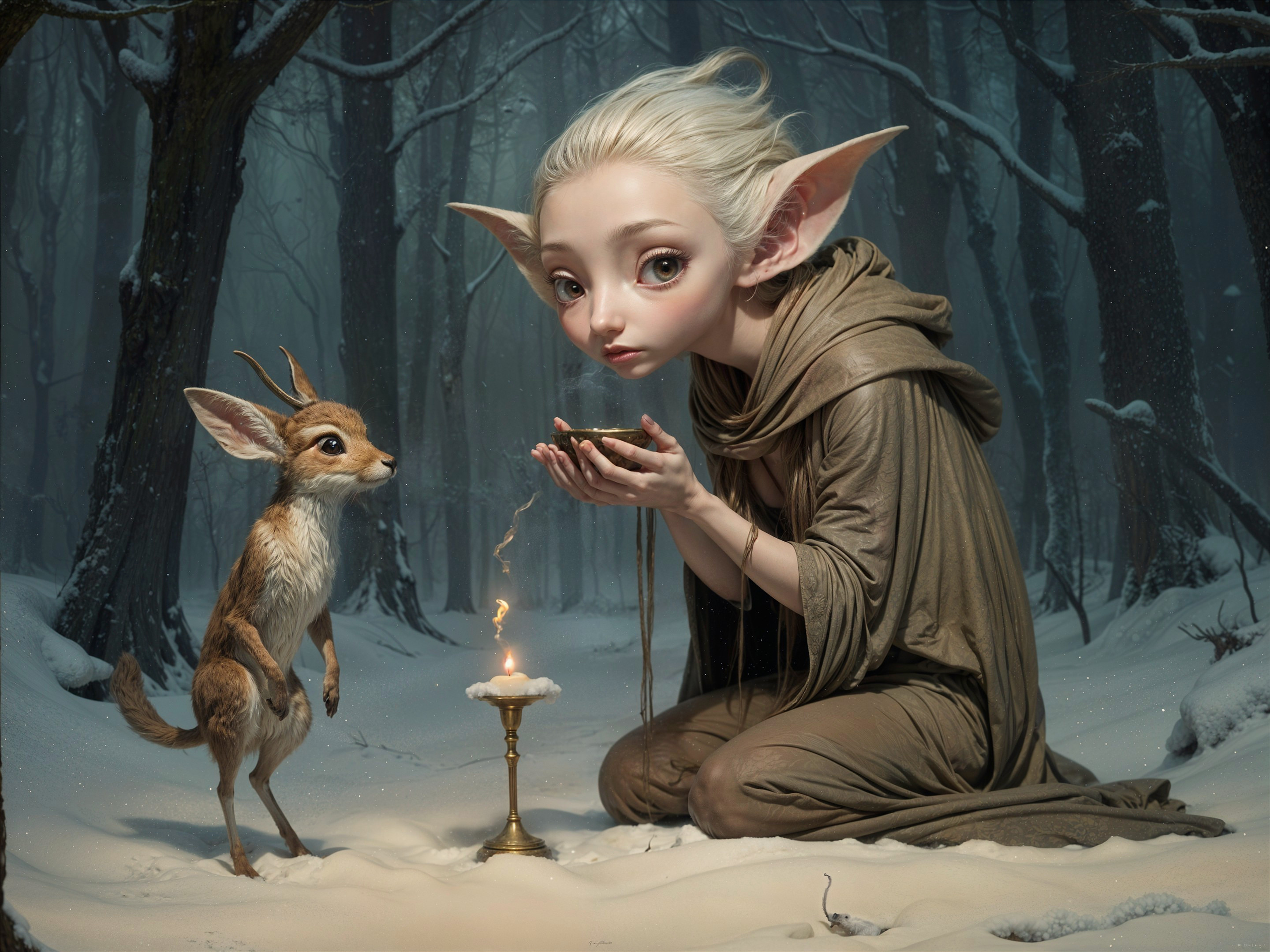 Whimsical Elf and Fawn in a Winter Forest Scene