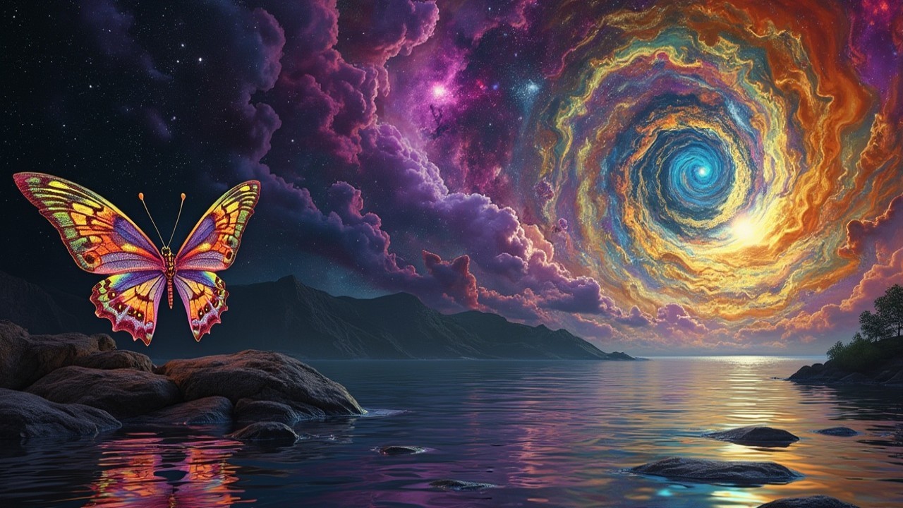 Butterfly on Rocky Shore with Cosmic Backdrop