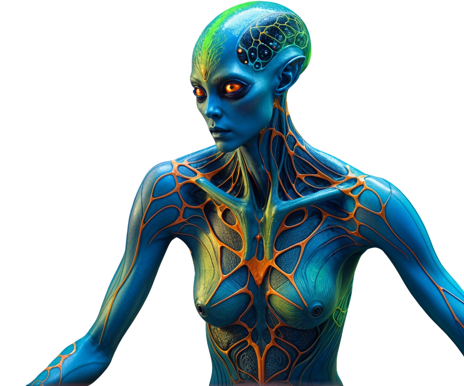 Futuristic humanoid figure with blue skin and patterns