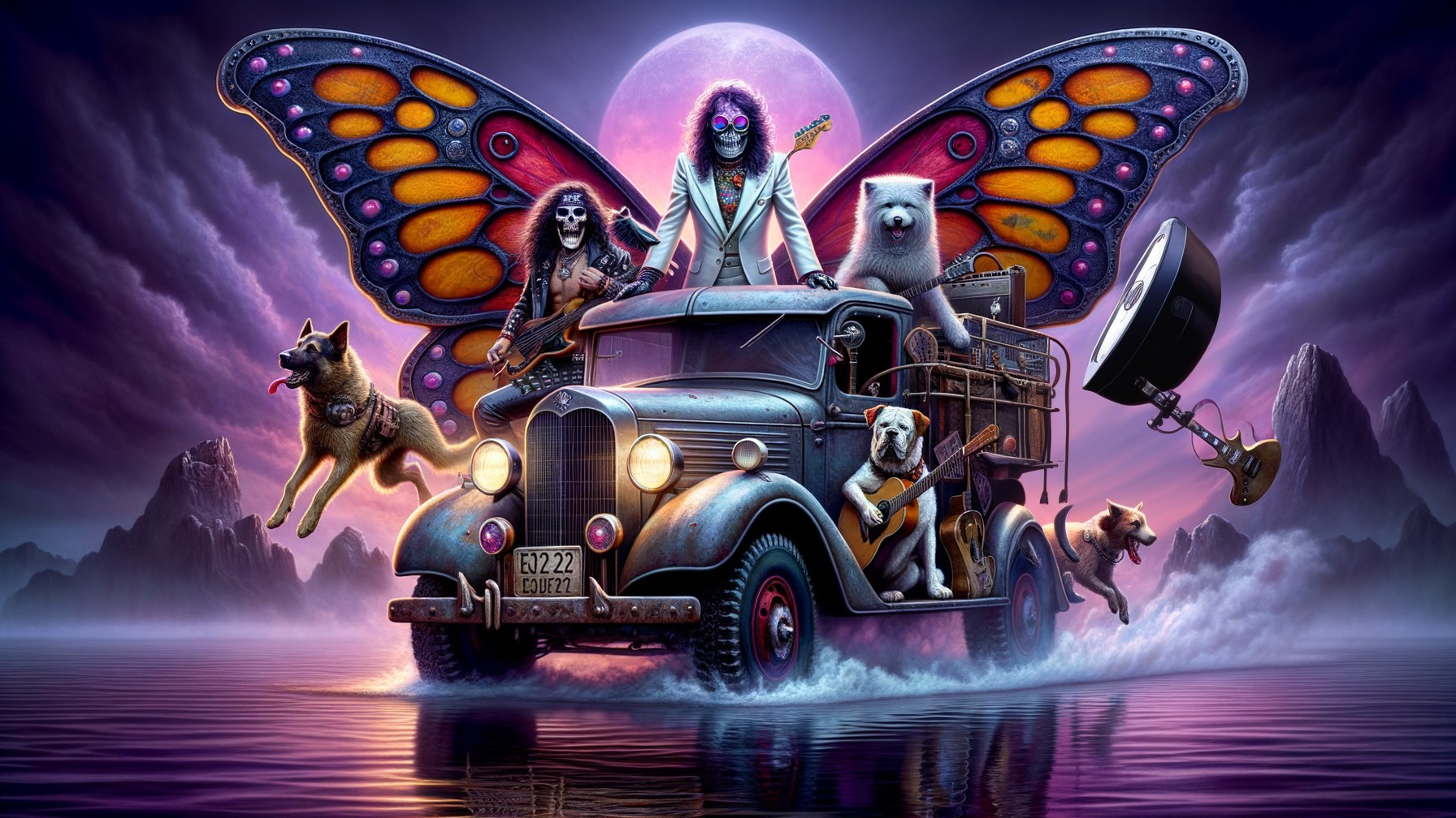Vintage truck in surreal landscape with butterflies and animals