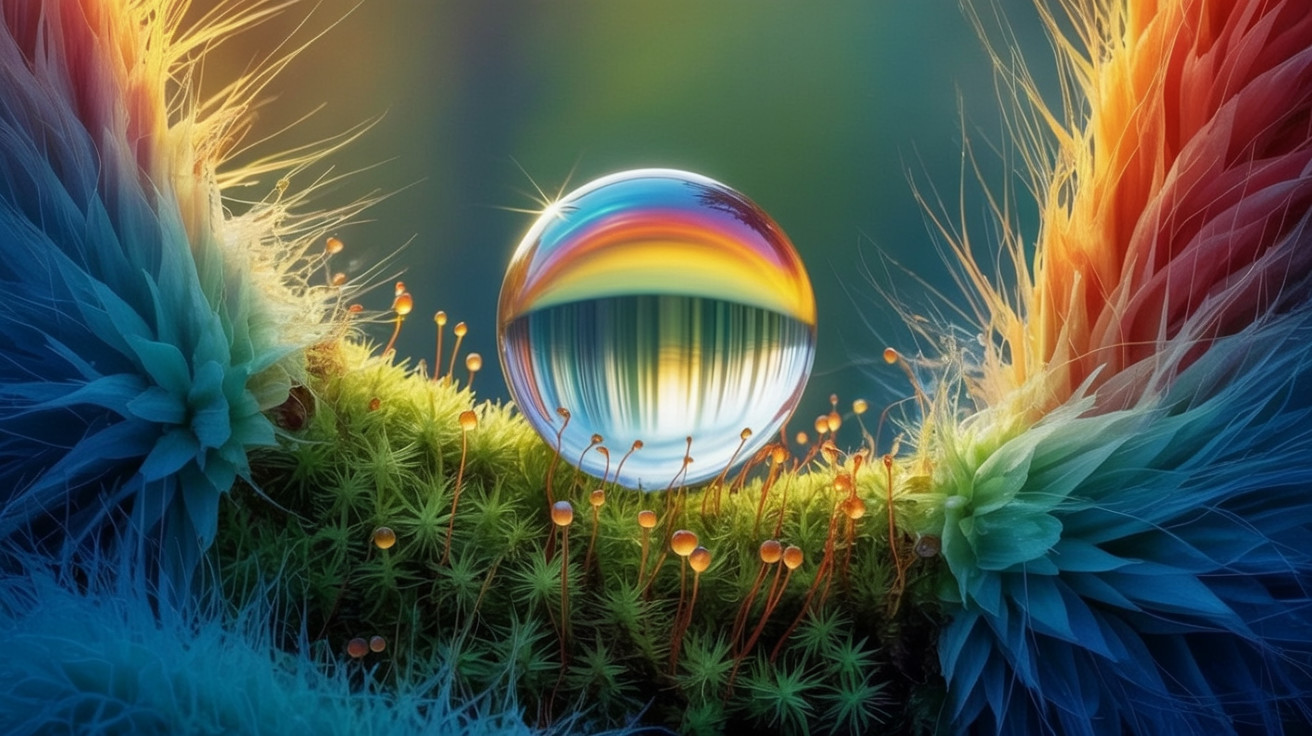 Surreal Landscape with Crystal Droplet and Vivid Plants