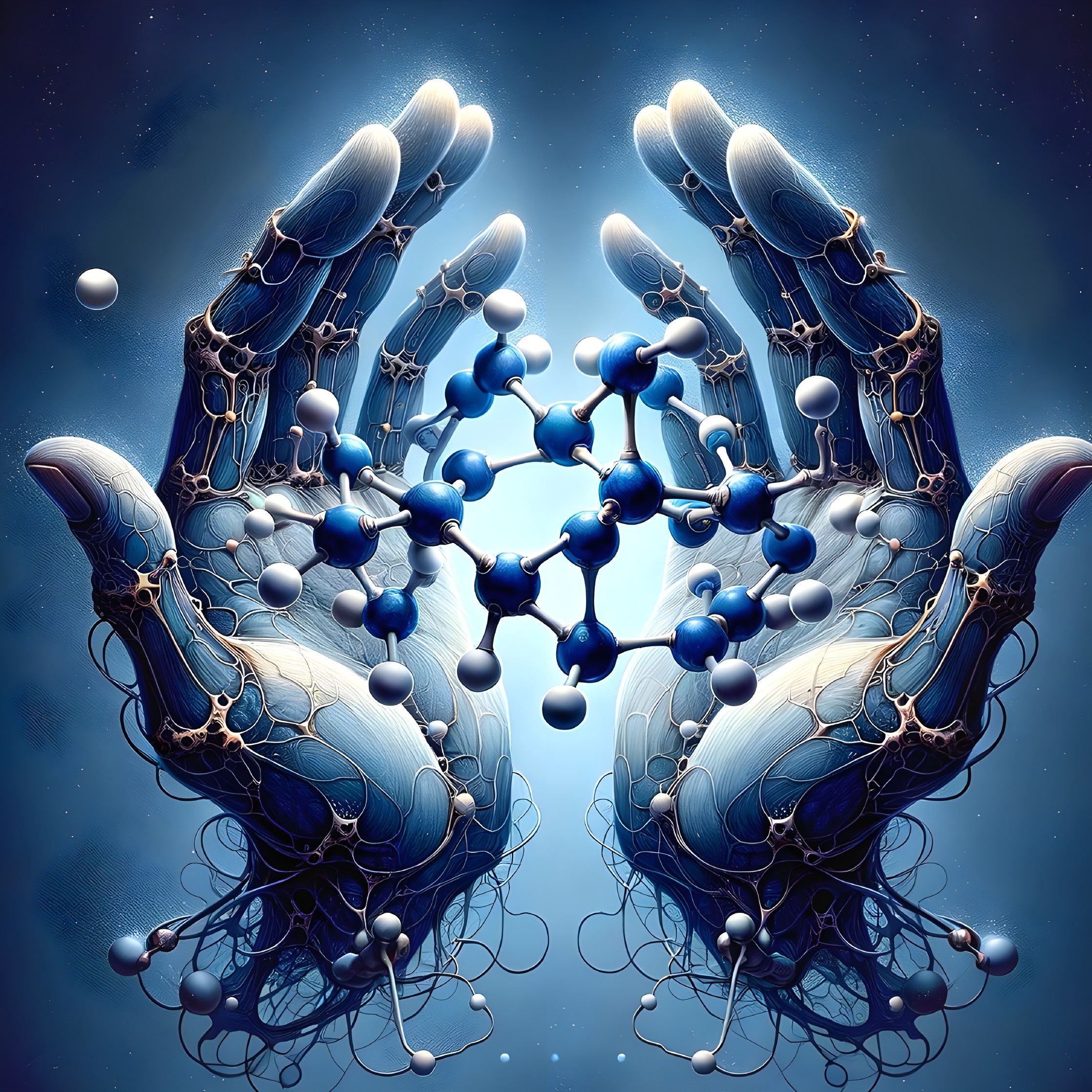 Symmetrical Hands Holding Molecular Structure in Space