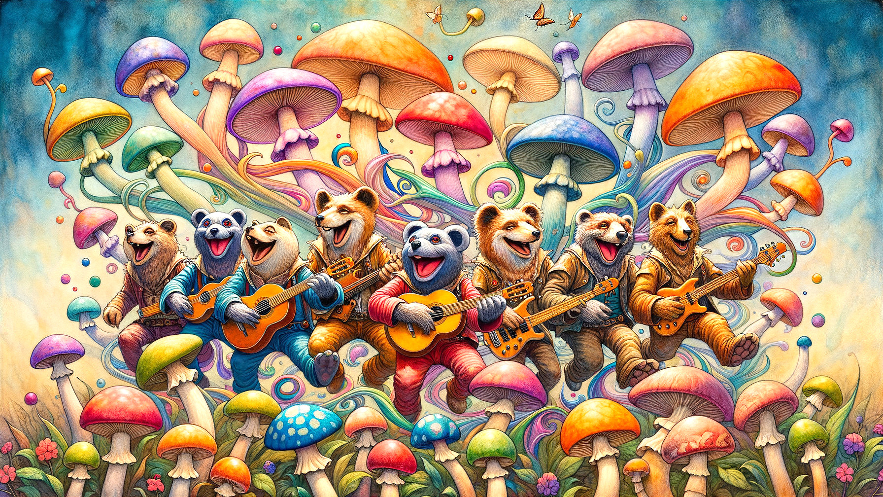 Whimsical Bears Playing Guitars Among Colorful Mushrooms