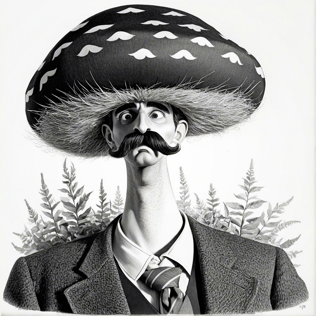 Whimsical Character in Monochrome with Sombrero and Suit