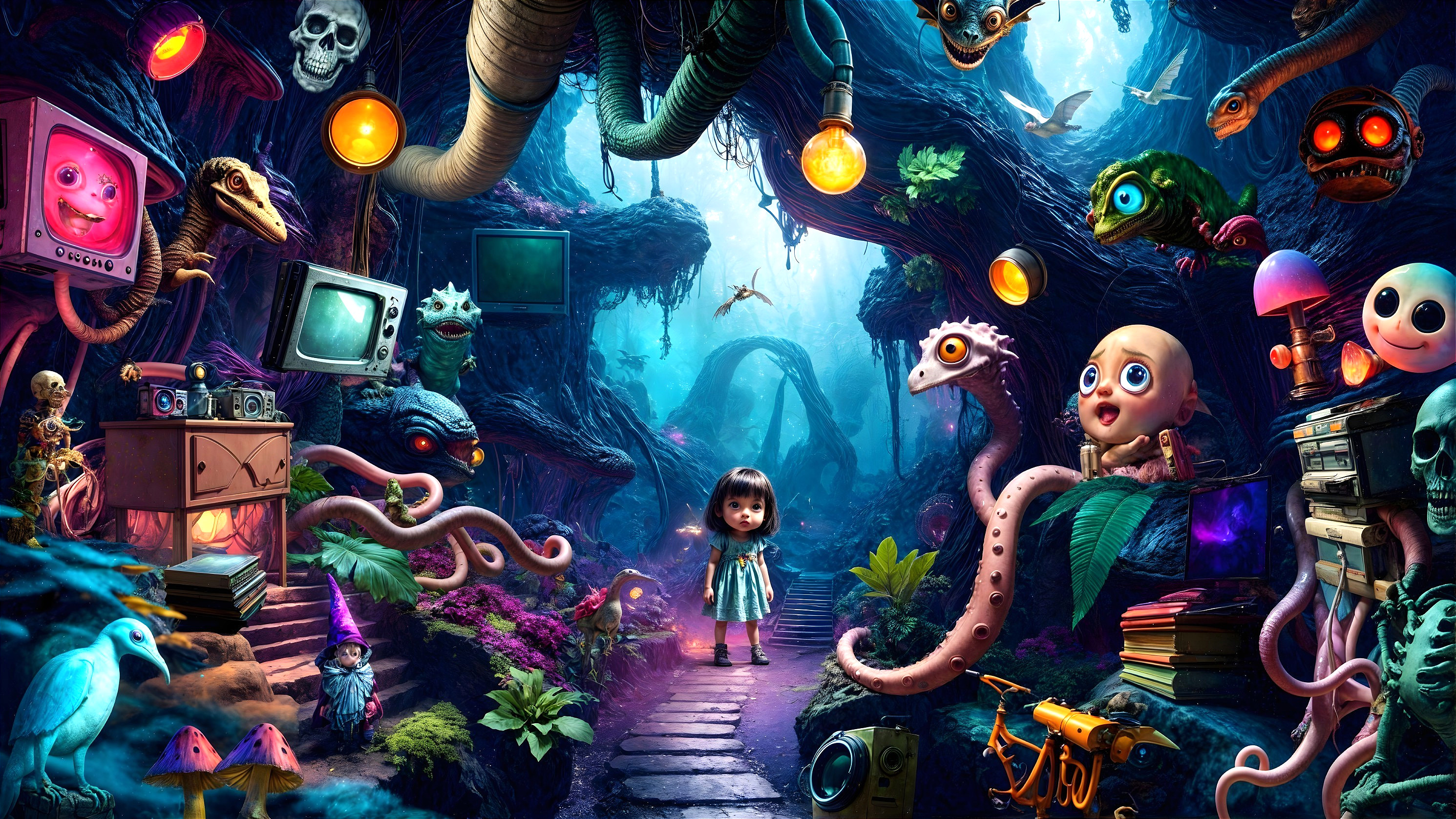 Surreal Forest Scene with Whimsical Creatures and Orbs