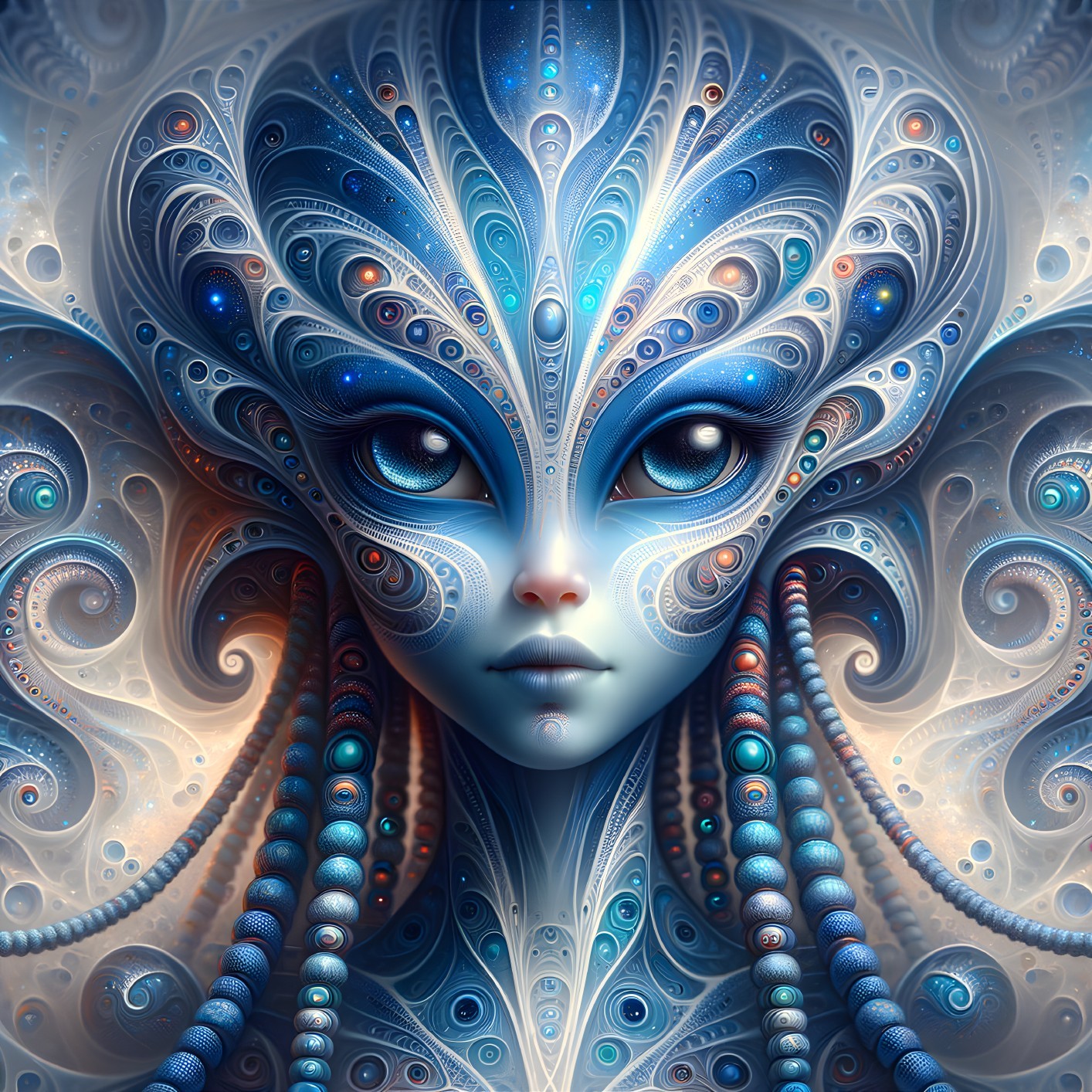 Detailed digital artwork: Feminine figure with intricate blue headdress, expressive eyes, and ornate fract