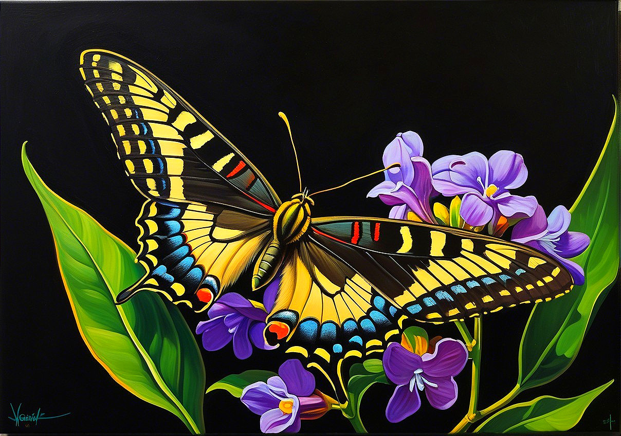 Vibrant Butterfly on Purple Flowers with Black Background