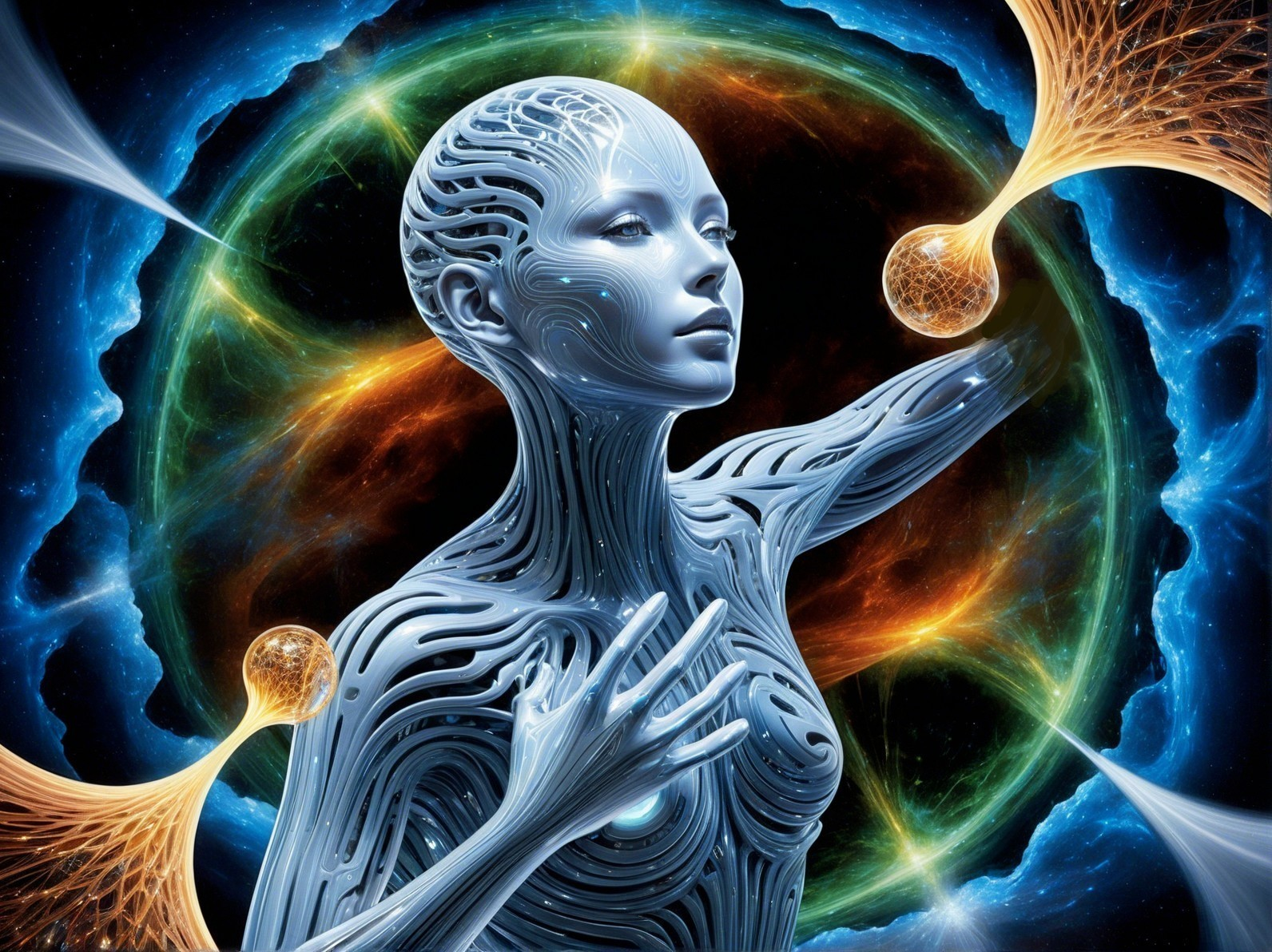 Futuristic humanoid figure in cosmic environment