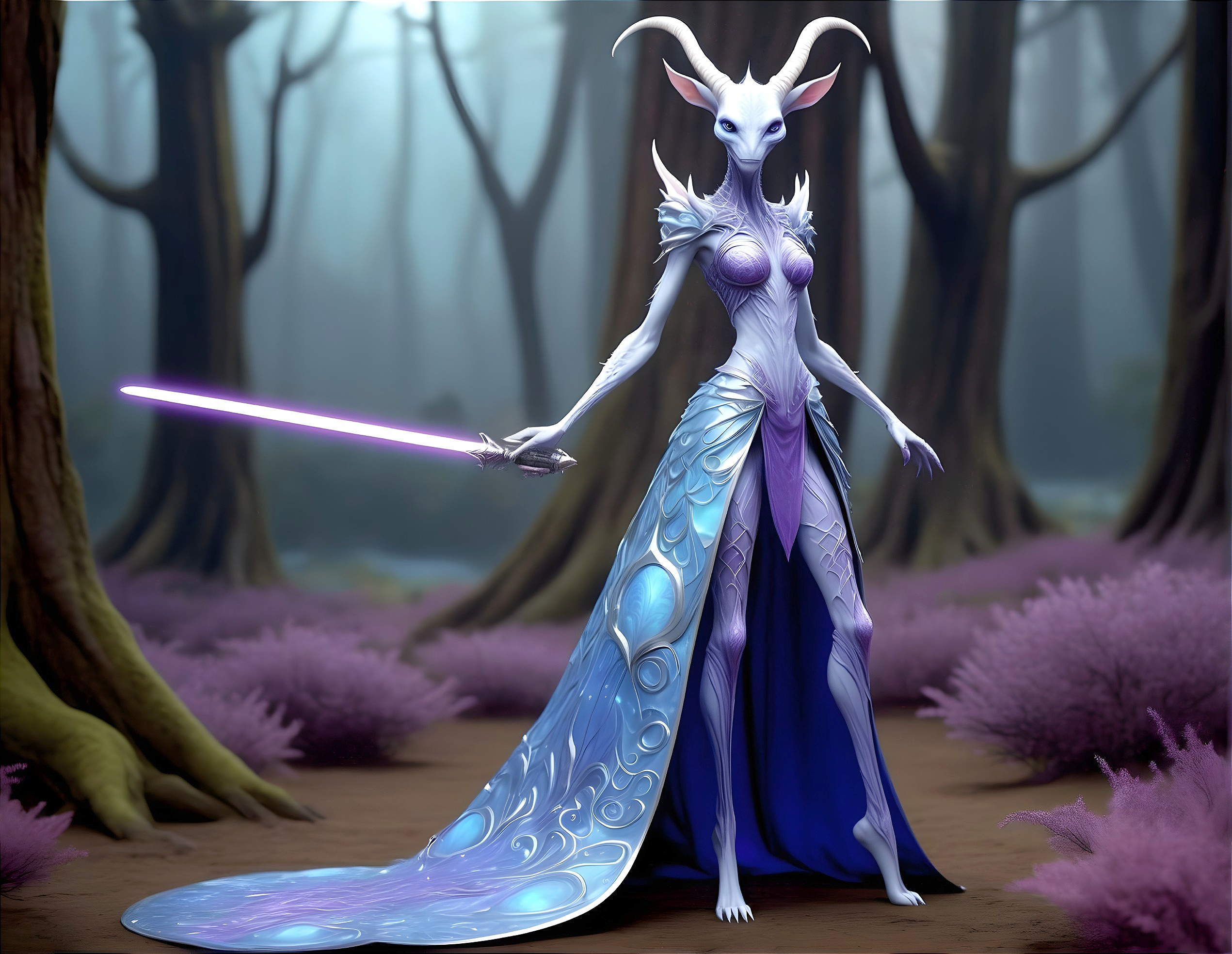 Ethereal Being in Mystical Forest with Lavender Sword