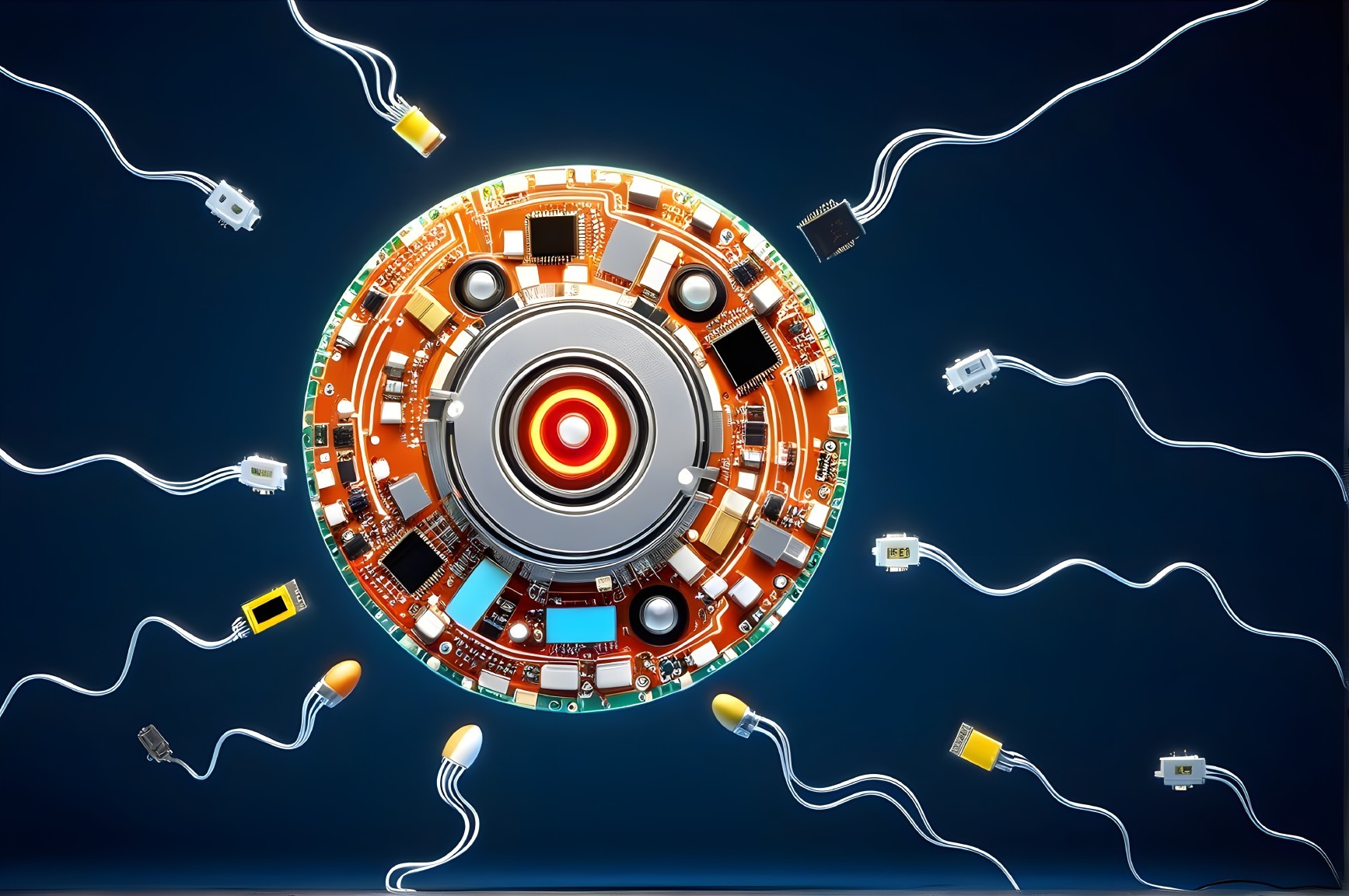 Circular Electronic Circuit Board with Glowing Element