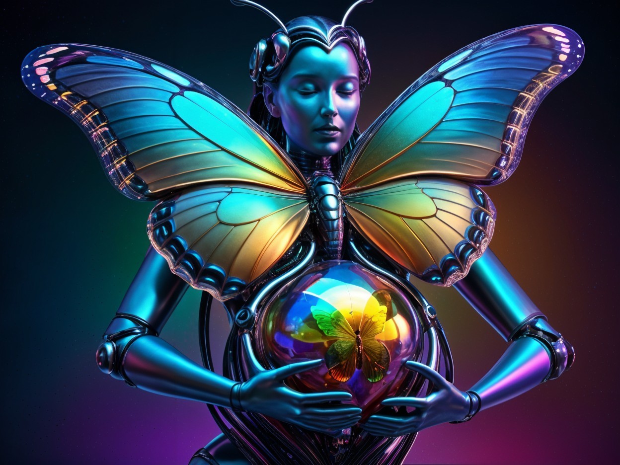 Futuristic Female Figure Merging with Butterfly Elements