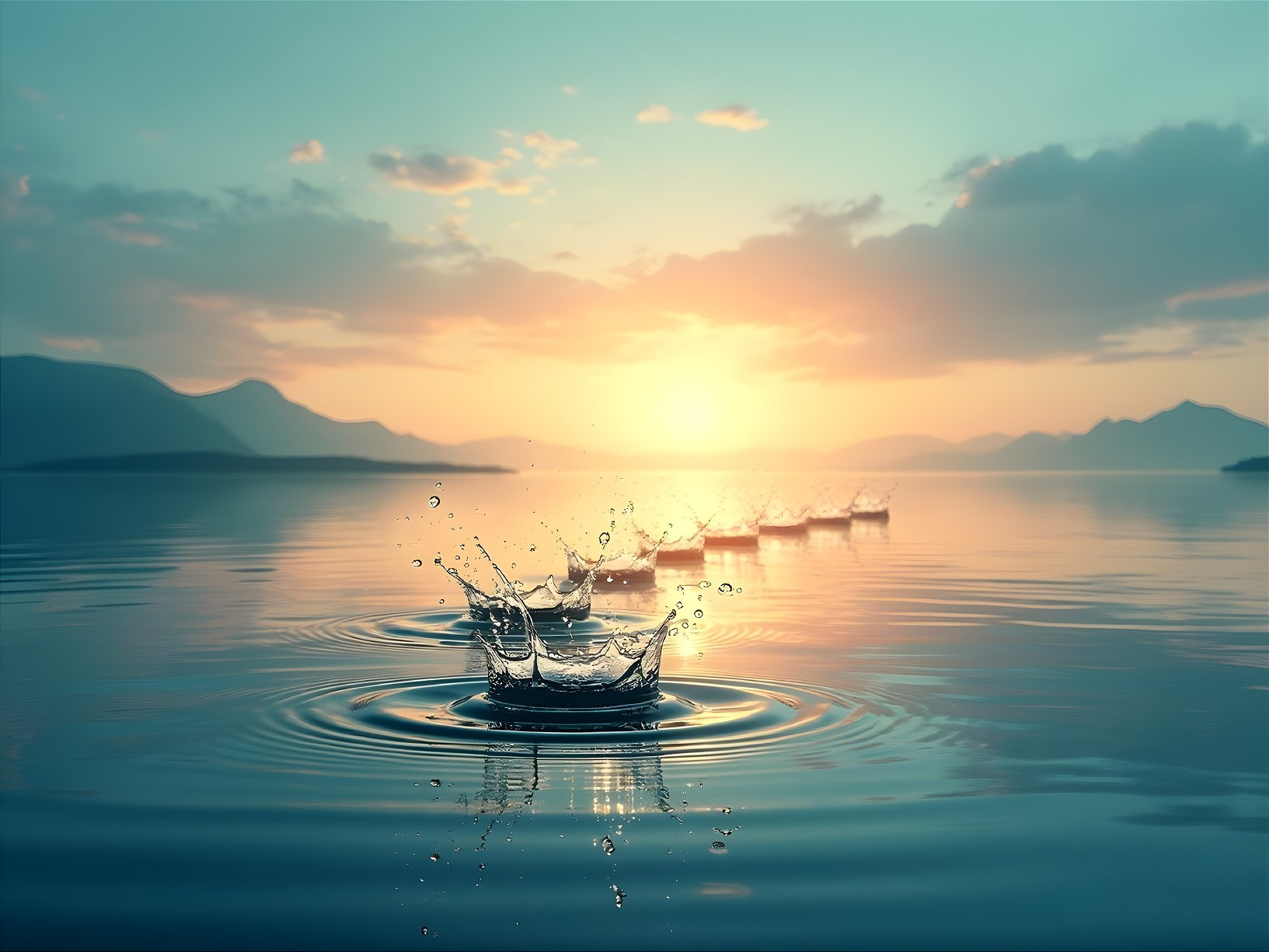 Serene lake landscape at sunrise with water droplets