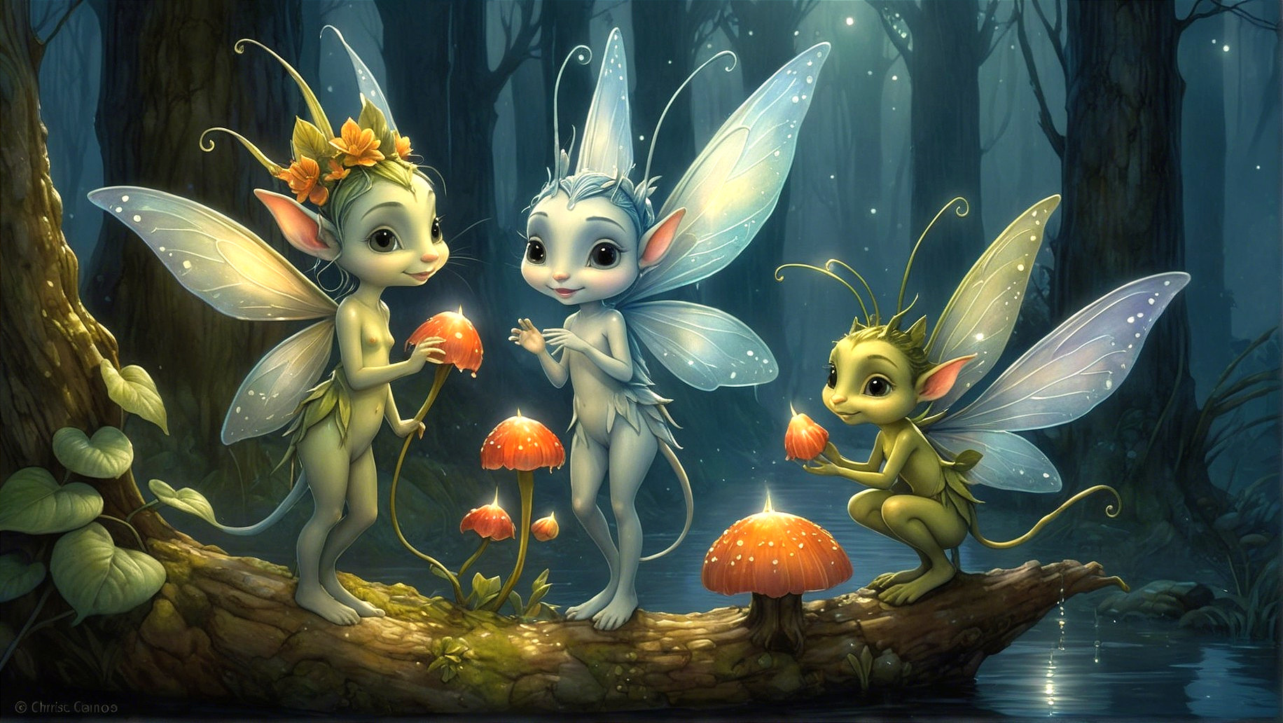 Whimsical Fairies in a Moonlit Forest Gathering