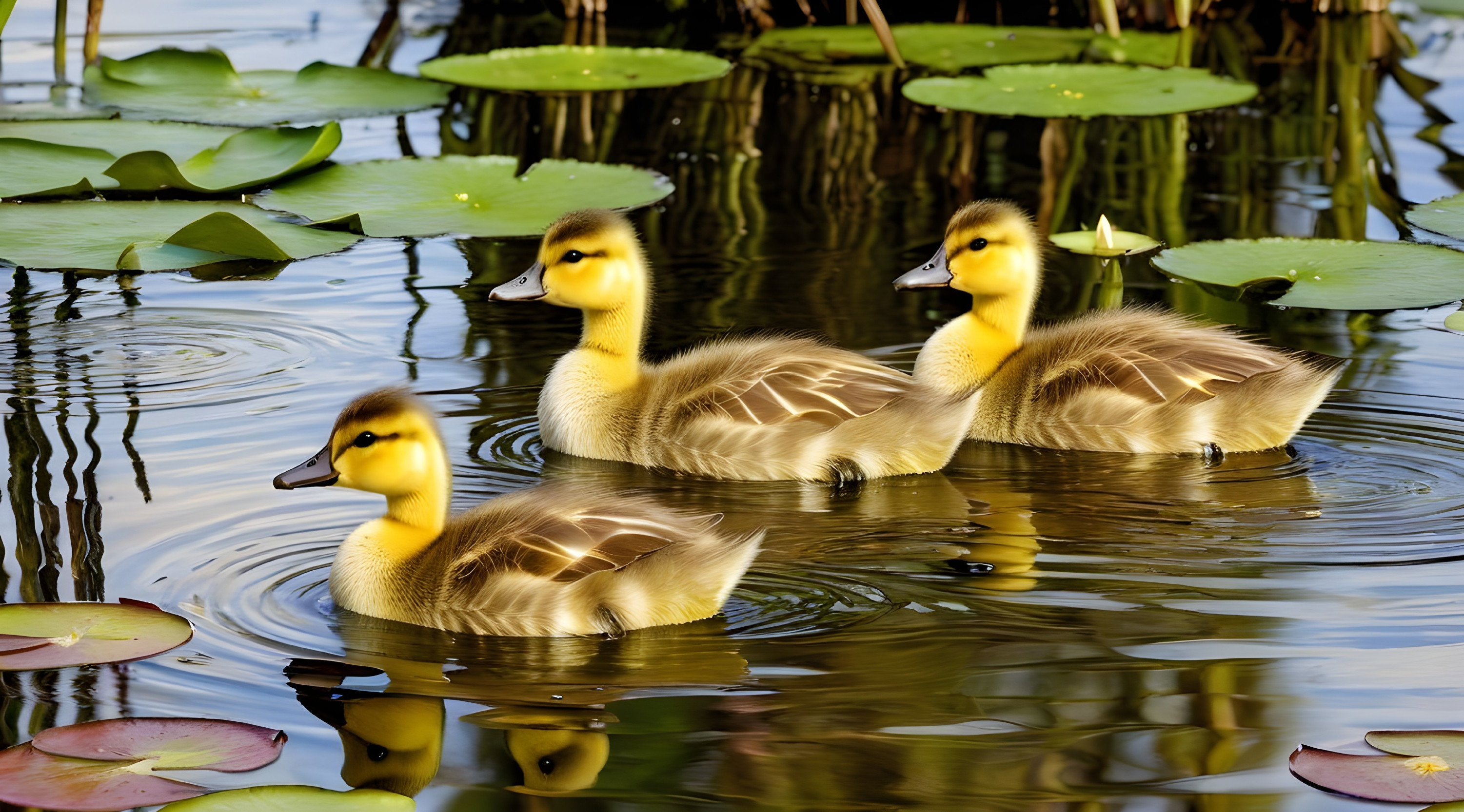 Fluffy Ducklings Swimming in a Serene Pond
