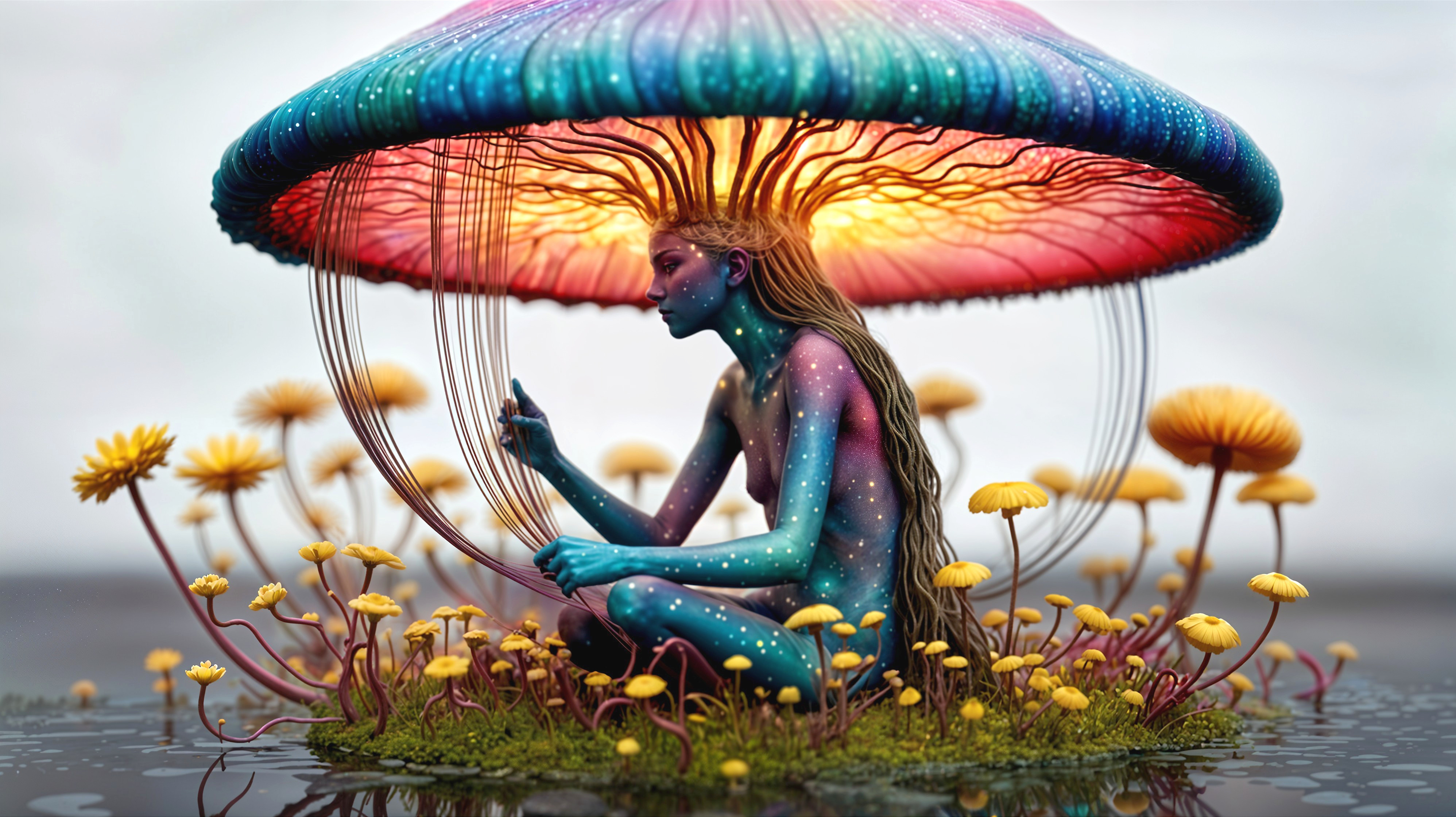 Serene figure under a vibrant mushroom with flowers
