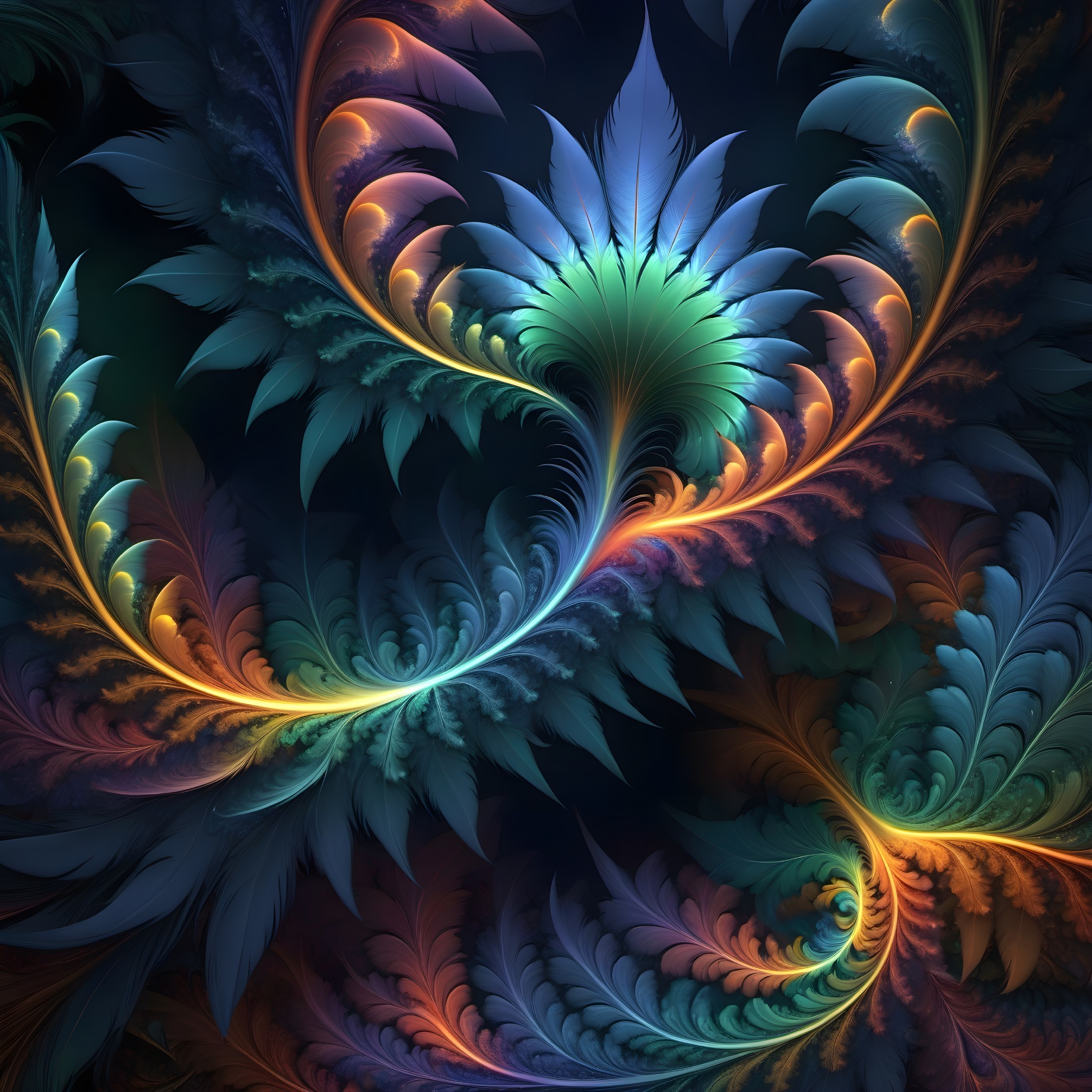 Colorful digital fractal image with leaf-like patterns in blue, green, and orange swirls