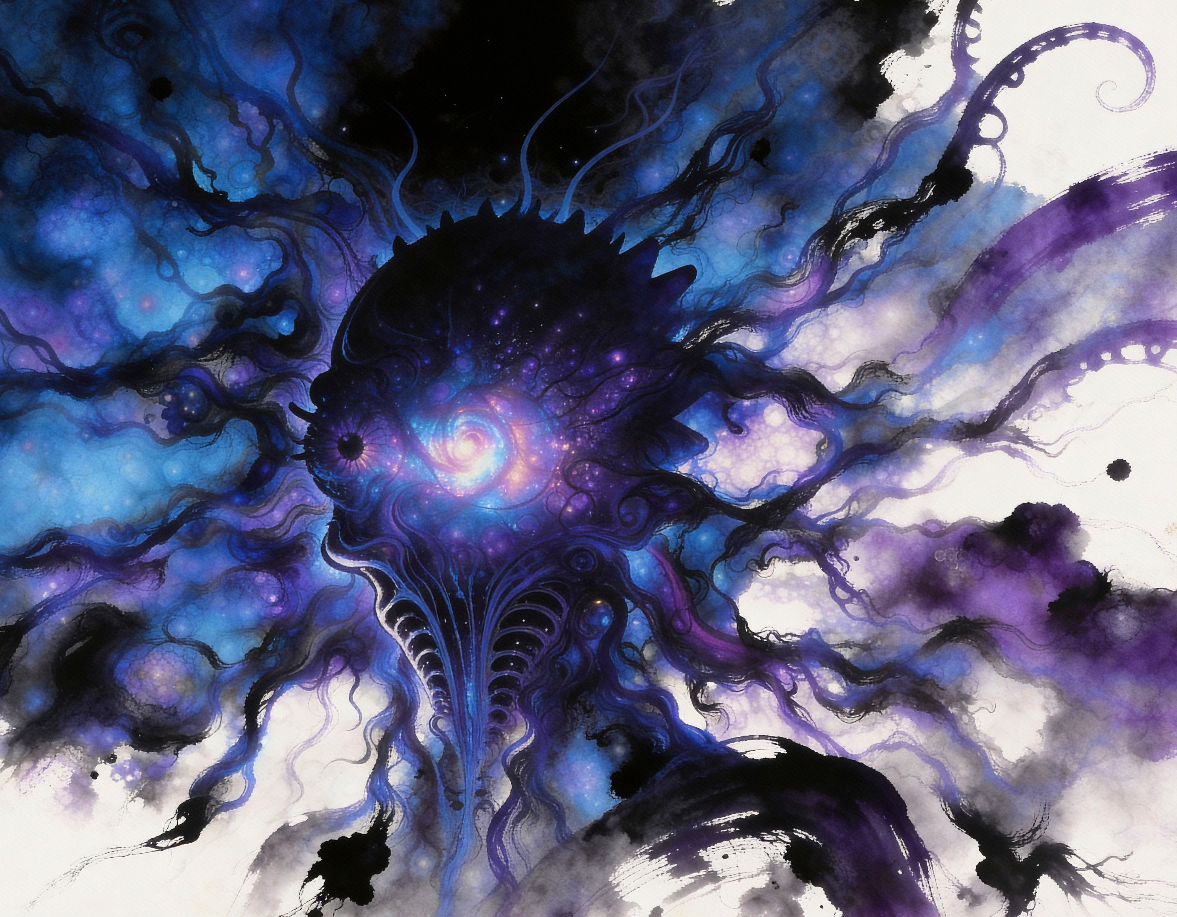 Cosmic Watercolor Painting of Ethereal Head with Galaxy