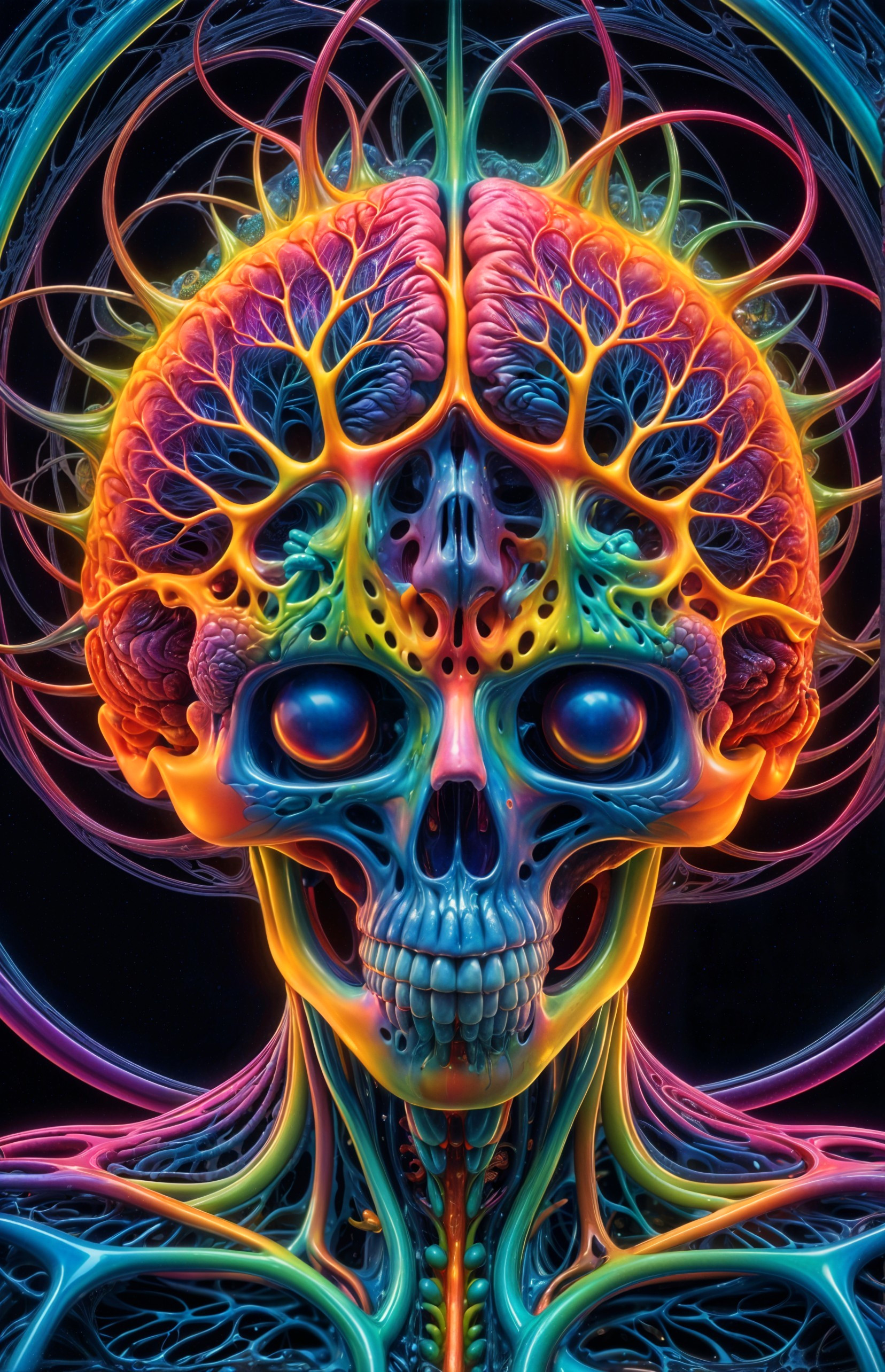 Surreal Skull and Brain Fusion with Vibrant Colors