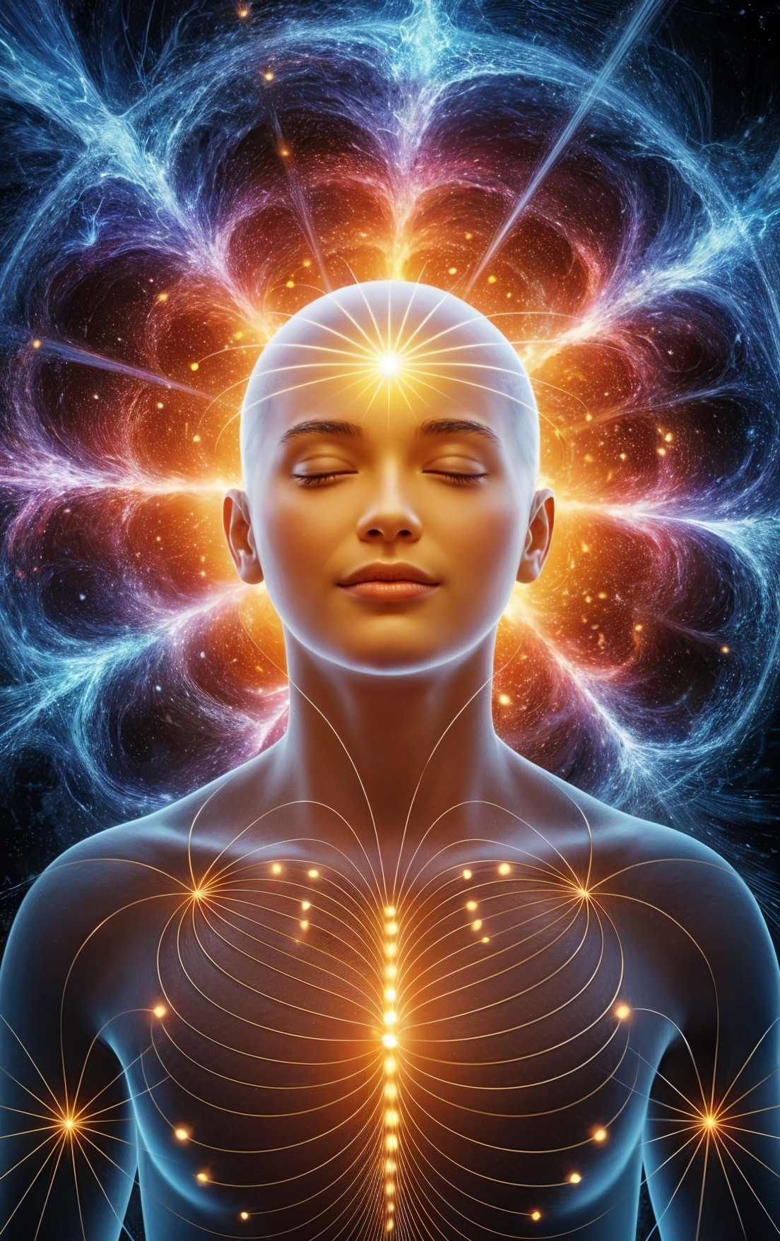 Meditative Figure in Cosmic Light and Colorful Energy
