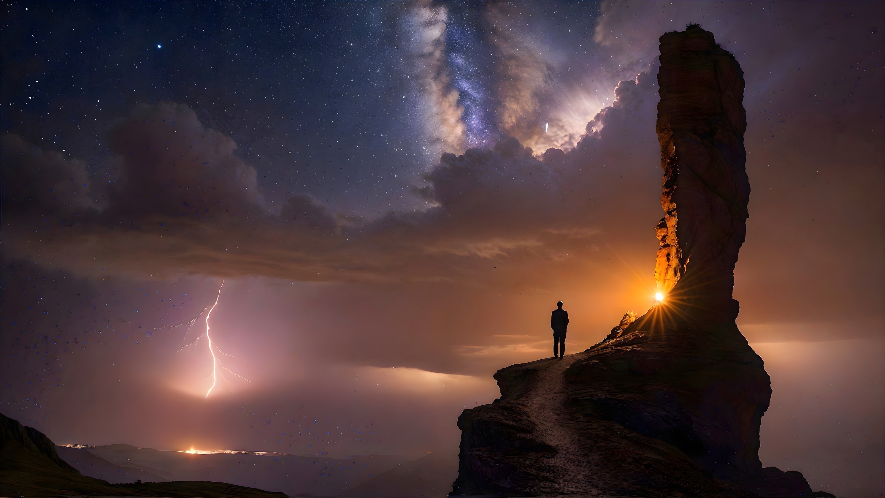 Solitary Figure on Cliff Under Starry Night Sky