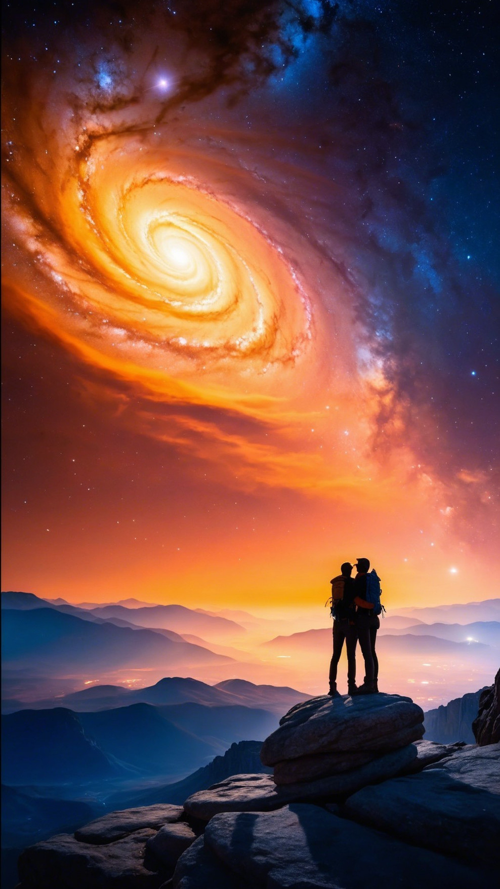 Couple Embraced Under a Vibrant Galaxy Sky