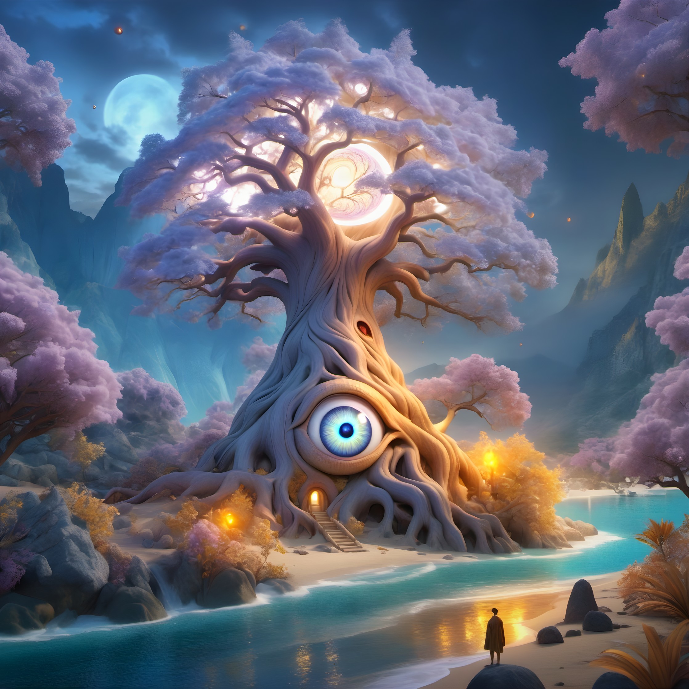 Surreal landscape with giant tree eye, twilight sky, and lone figure