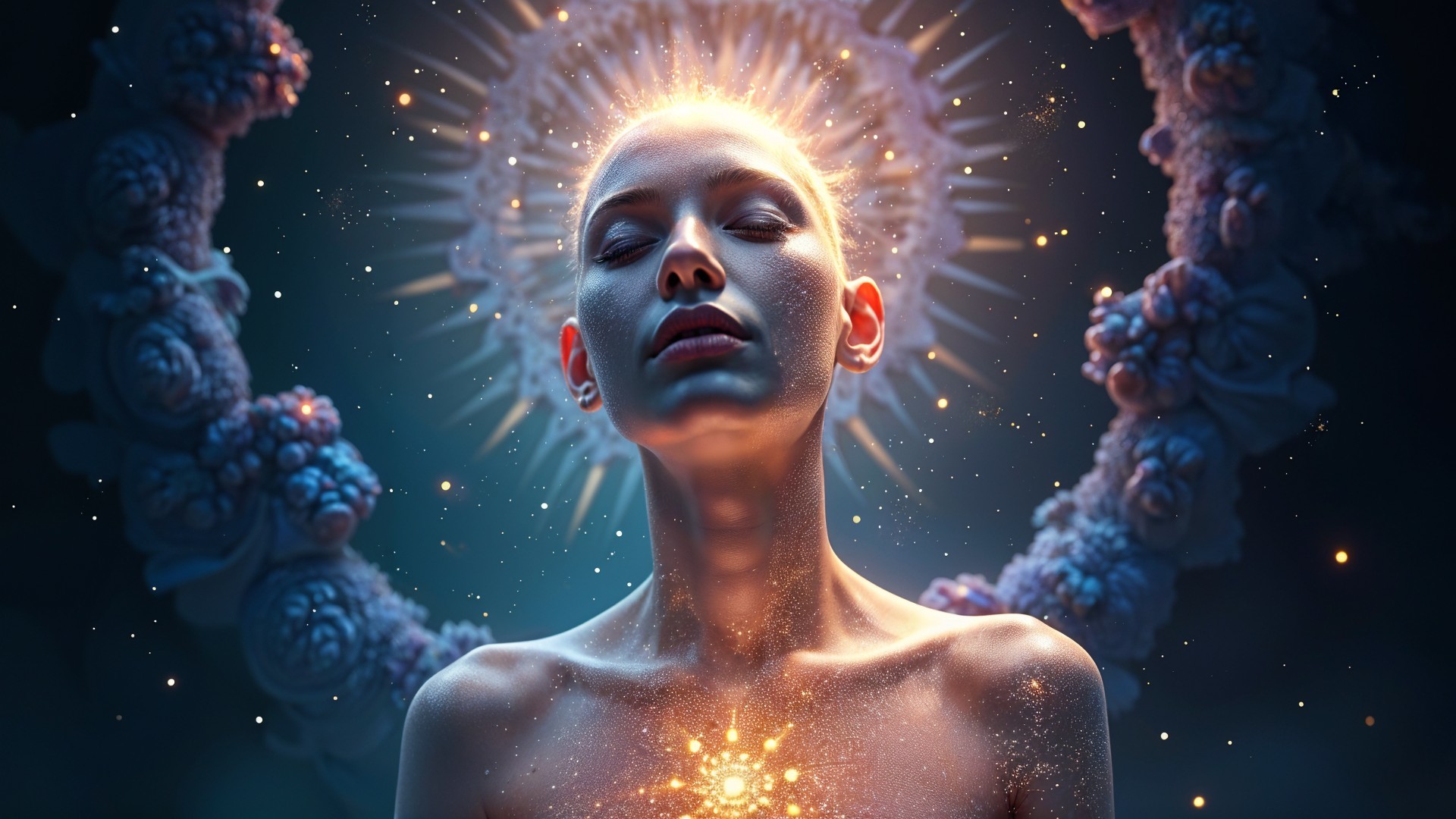 Serene figure in mystical setting with radiant light